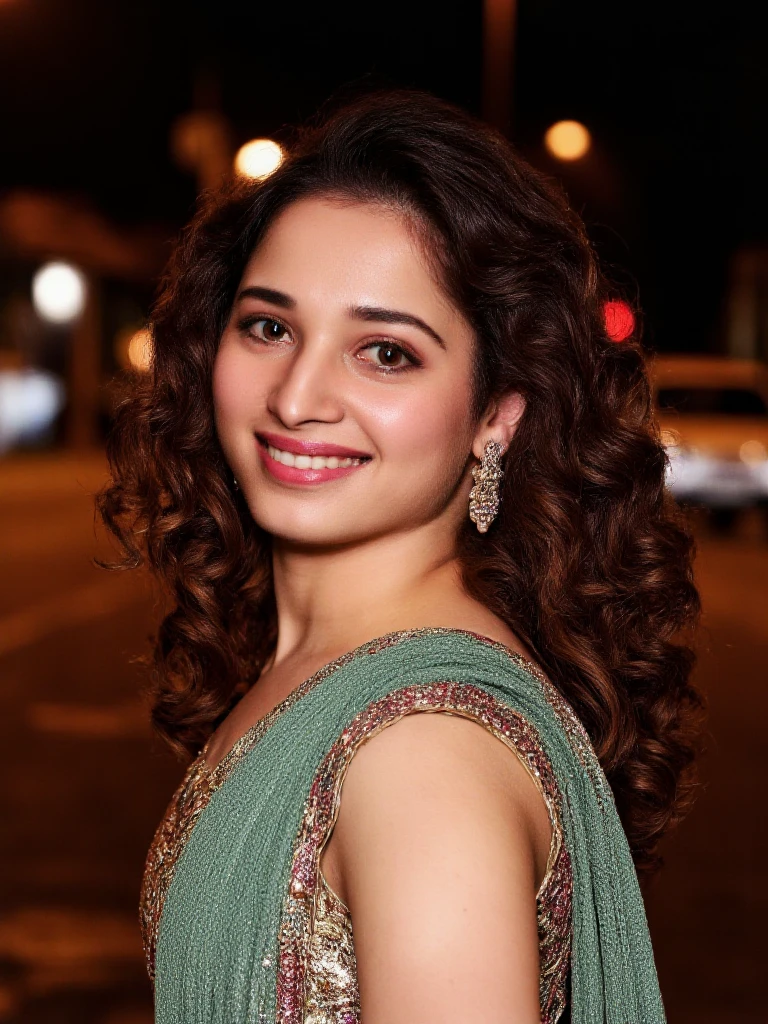 headshot photo of tamannah bhatia woman, glamor photo, smiling,studio quality, Olive Dhoti Saree, night time city bokeh<lora:TestBed\Tamannah_Bhatia_Flux_Kohya_V1.safetensors:1.0:1.0>