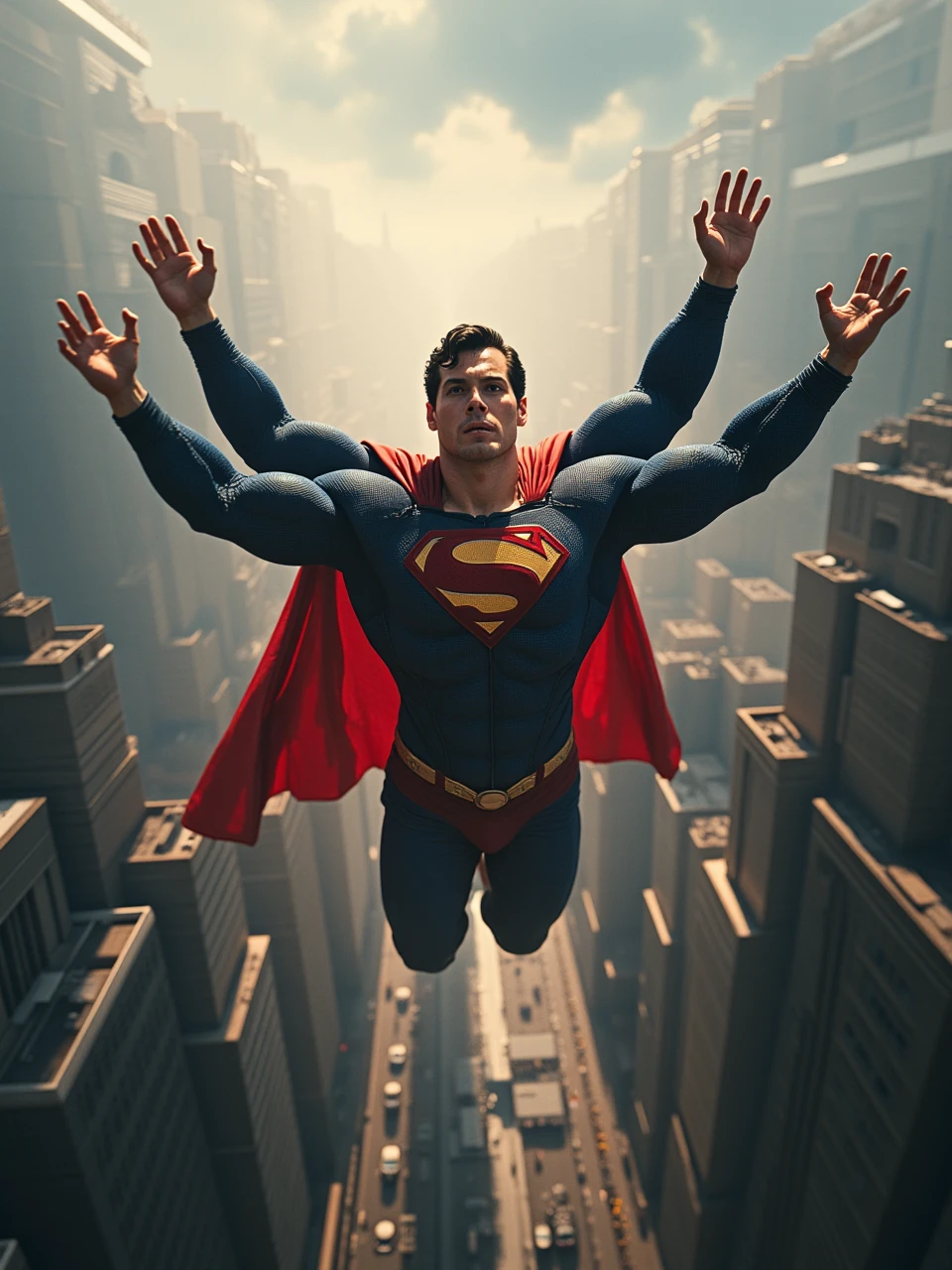 papiyan,cinemagraph of the superman of DC has multiple arms,flying over city