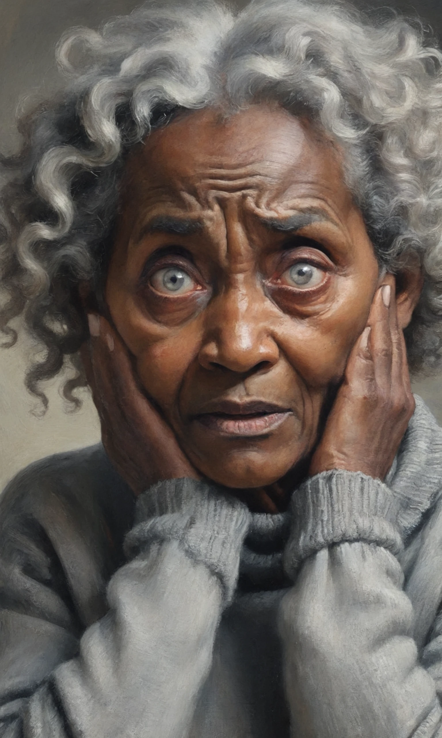 painting close up portrait of an old kenyan woman in pain, face writhing in pain, grey eyes, wide open eyes, looking at the viewer, curly white and grey hairs, wearing a turtleneck sweater