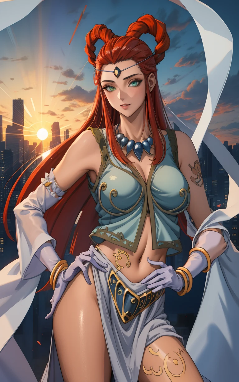 (masterpiece, best quality:1.4), insaneres, absurdres, solo, looking at viewer,BREAK 
GAME_YuGiOh_Otohime_ownwaifu, hagoromo, 
1girl, circlet, green eyes, hair pulled back, long hair, red hair, straight hair, hair rings, braid, necklace, tattoo, hair ornament, medium breasts, multiple braids,
belt, crop top, elbow gloves, gem, gold trim, jewelry, midriff, navel, ornate clothes, purple gloves, revealing clothes, sleeveless shirt, bracelet, skirt, center opening, bare shoulders, dress,
(contrapposto, hand on hip), sunset, sidelighting, cityscape, outdoors, <lora:GAME_YuGiOh_Otohime_ownwaifu:1> , depth of field, solo,