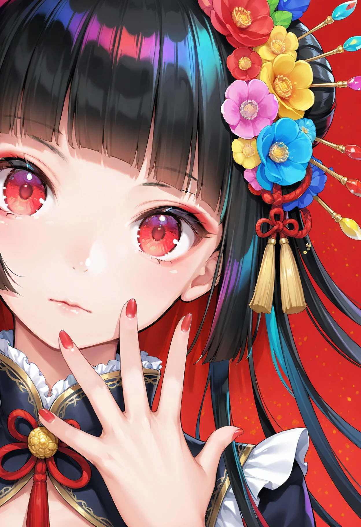 1girl, solo, red nails, looking at viewer, bangs, red eyes, long hair, nail polish, black hair, hair ornament, hand up, flower, blunt bangs, closed mouth, tassel, ribbon, portrait, colorful, red background, frills, multicolored hair, upper body, fingernails