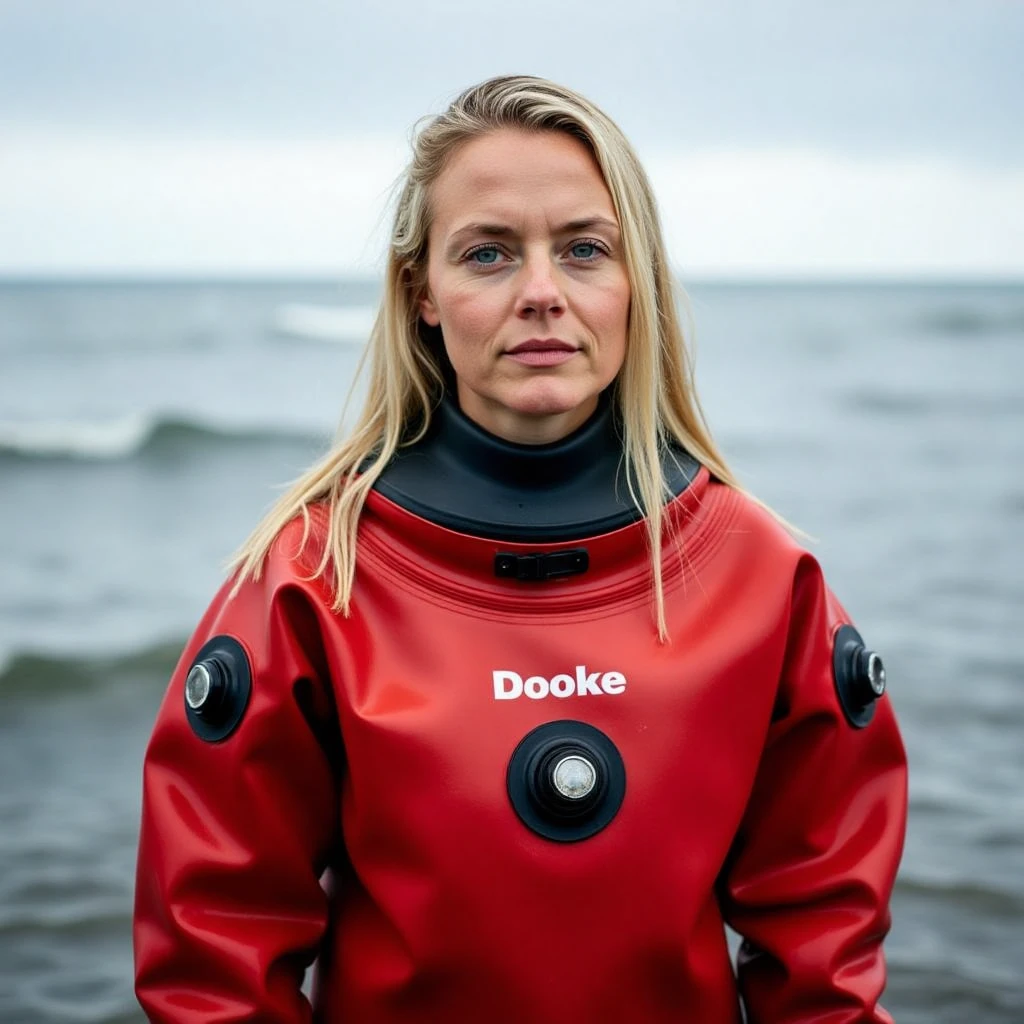 a photograph of a blonde woman wearing a oversized loose red shiny rubber drysuit stood in the ocean, close up of her face, her eyes are blue