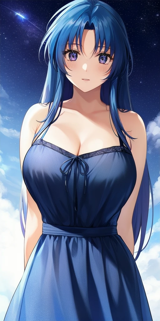 <lora:ChidoriV3:0.7> kaname_chidori_low-tied_long_hair, huge_breasts, standing, solo, arms_behind_back, starry_sky, red_hair_bow, sundress, masterpiece, best_quality, detailed_face, detailed_eyes, highres, beautiful, detailed, absurdres,