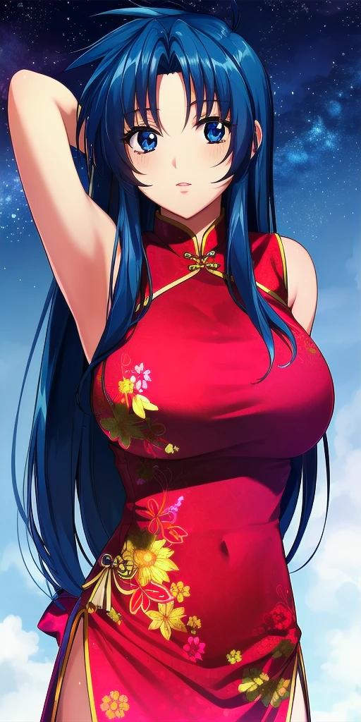 <lora:ChidoriV3:0.7> kaname_chidori_low-tied_long_hair, huge_breasts, standing, solo, arms_behind_back, starry_sky, red_hair_bow, china_dress, masterpiece, best_quality, detailed_face, detailed_eyes, highres, beautiful, detailed, absurdres,