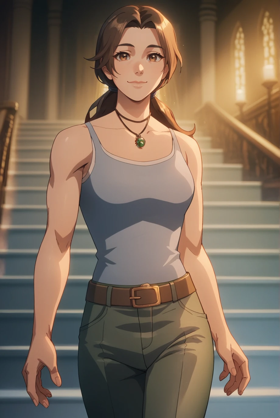 score_9, score_8_up, score_7_up, score_6_up, score_5_up, score_4_up, BREAK source_anime, 1girl, solo,
<lora:LaraCroftXL-v1-07:0.8>, ChopioLara, brown hair, brown eyes, looking at viewer,
long hair, low ponytail, hair tie,
outfit_2, necklace, tank top, brown belt, green pants,
indoors, mansion, stairs, standing, smile, closed mouth, night, dark,