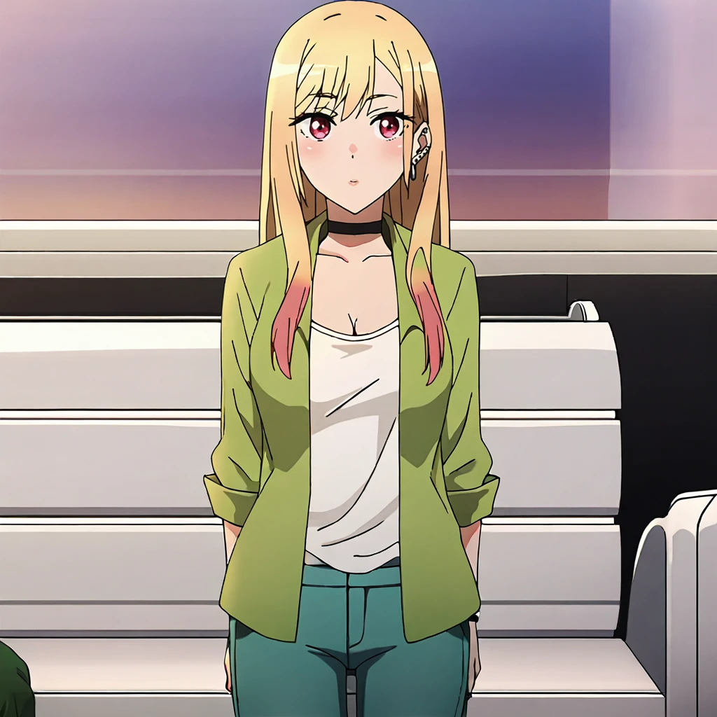 <lora:marin_pony_v1:.8> MarinDarlingGreenJacket, 1girl, kitagawa marin, blonde hair, black choker, ear piercing, red eyes, long hair, breasts, long pants, multicolored hair, cleavage, green jacket, jewelry, bangs, earrings, shirt, pink hair, cowboy shot