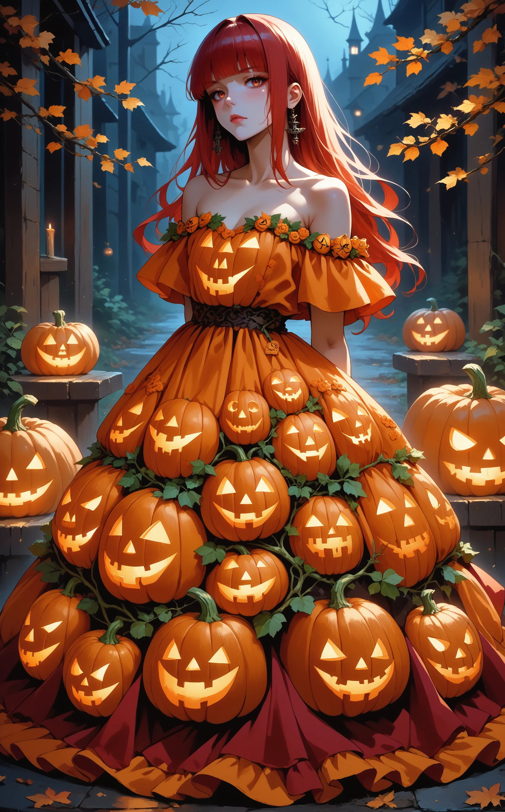 score_9, score_8_up, score_7_up, source_anime, <lora:wrenchHauntedHarvestGown:0.85>, wrnchhhg, bare shoulders, halloween, pumpkin, jack-o'-lantern dress, off-shoulder dress, strapless dress, 
red hair, long hair, hime cut, hands behind back,