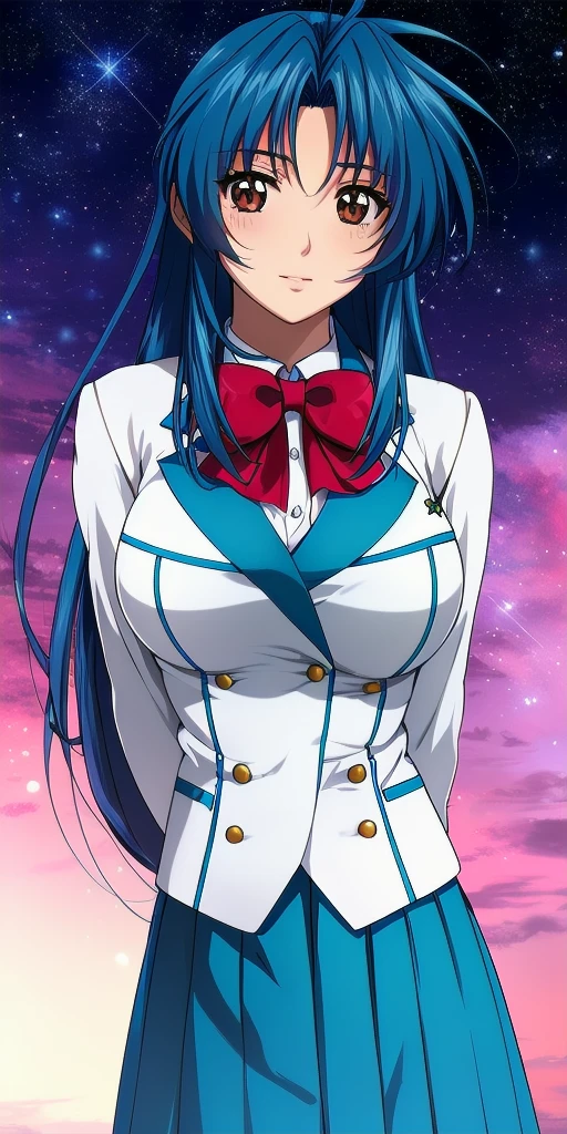 <lora:ChidoriV3:0.7> kaname_chidori_low-tied_long_hair, huge_breasts, standing, solo, arms_behind_back, starry_sky, red_hair_bow, blazer_aqua_plaid_skirt_red_bowtie, masterpiece, best_quality, detailed_face, detailed_eyes, highres, beautiful, detailed, absurdres,