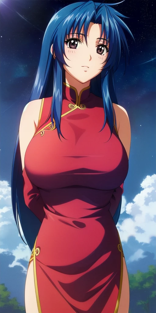 <lora:ChidoriV2:0.7> kaname_chidori_low-tied_long_hair, huge_breasts, standing, solo, arms_behind_back, starry_sky, red_hair_bow, china_dress, masterpiece, best_quality, detailed_face, detailed_eyes, highres, beautiful, detailed, absurdres,