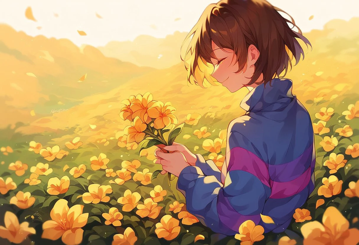 frisk (undertale), score_9, score_8_up, score_7_up, closed eyes, holding flower, golden flower, smile, petals, flower field, short hair, best quality, masterpiece,