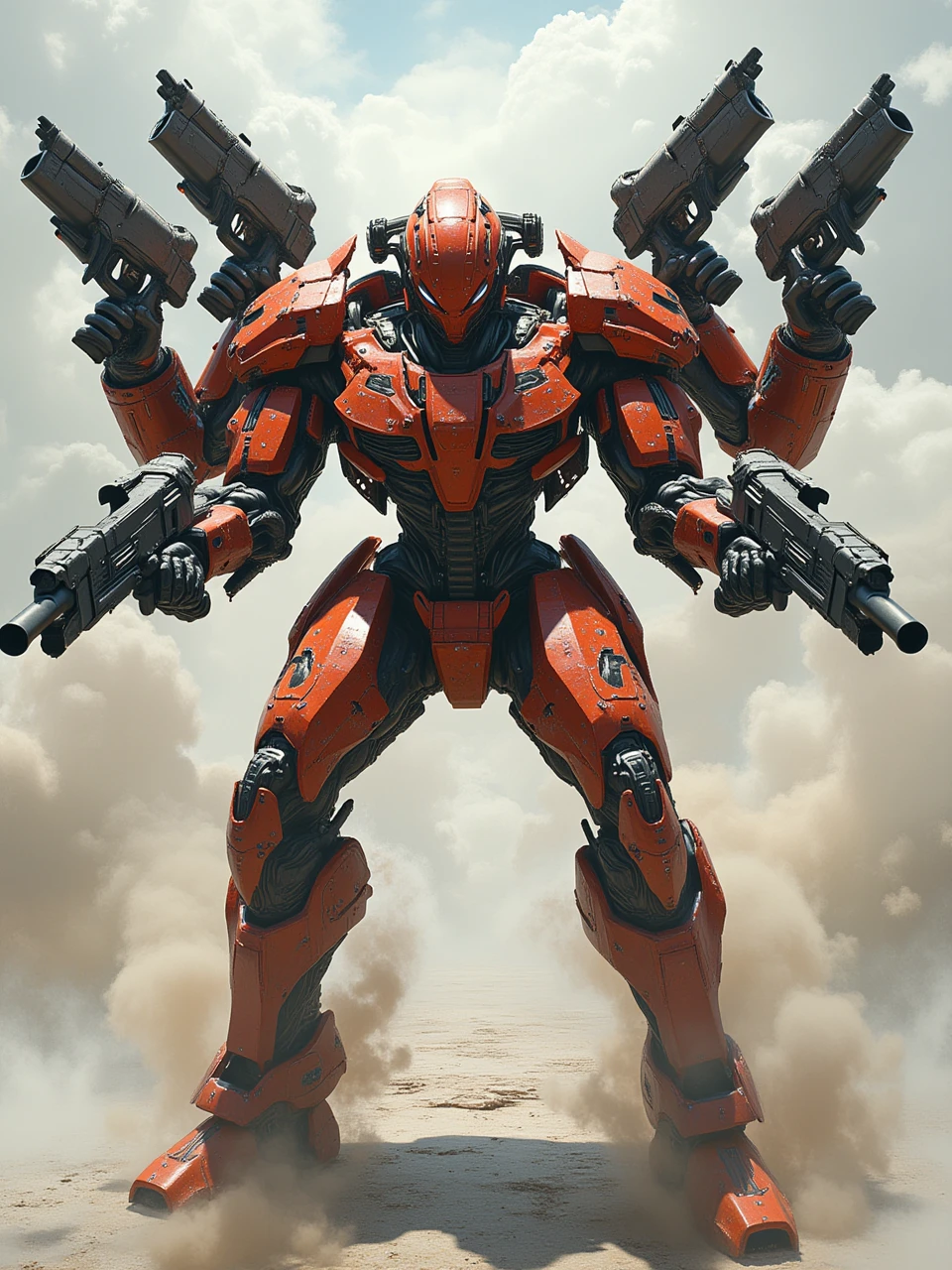 papiyan,dynamic_pose of a exoskeleton-mecha has multiple mechanical_arms,holding multiple guns,aiming and firing_at_viewer, 