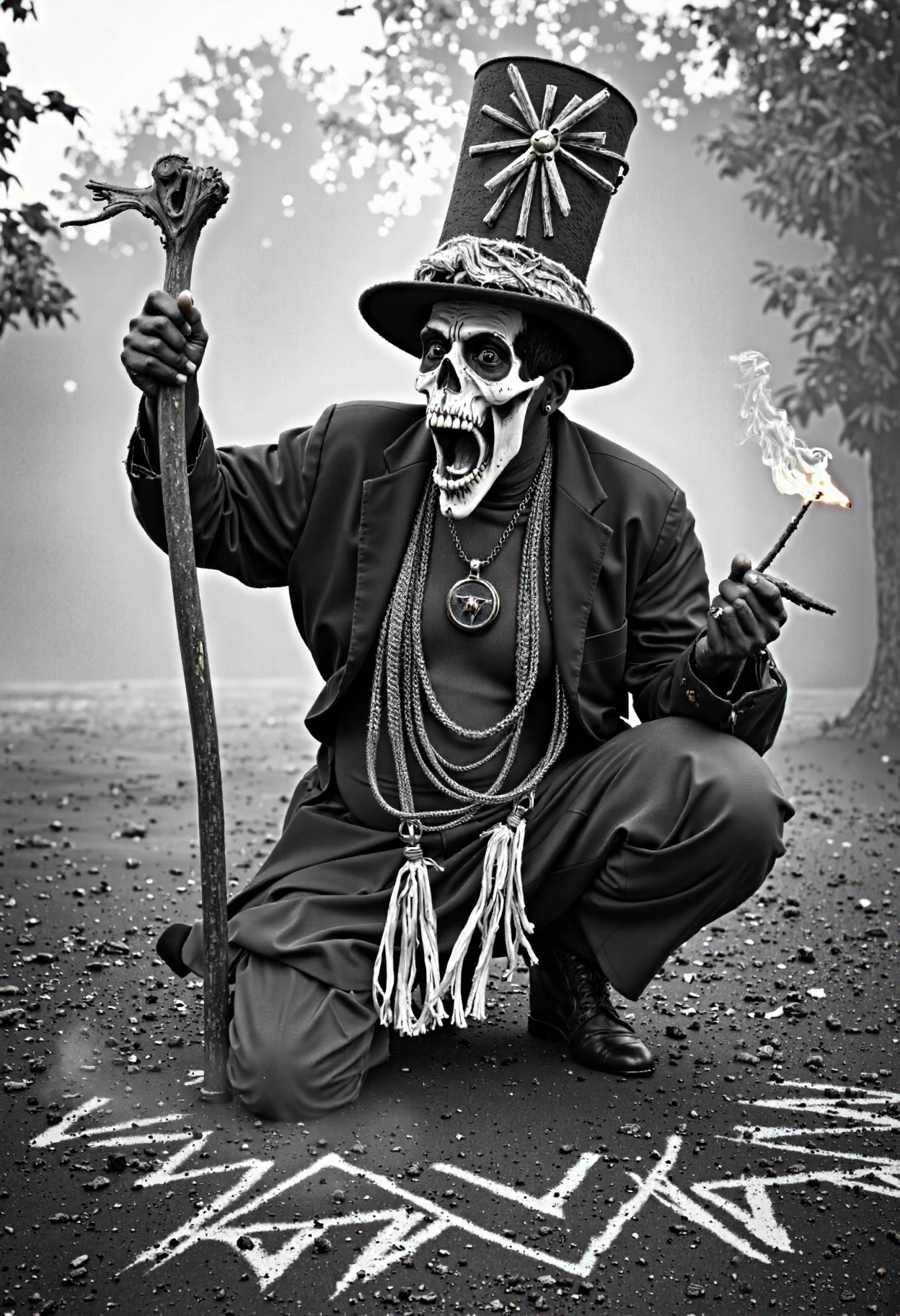 baron_samedi,An intense black-and-white photo of Baron Samedi performing a voodoo ritual. He holds a cane and a lit cigar, his skeletal face makeup glowing faintly under the moonlight. The ritual scene is bathed in dark shadows, with symbols drawn in the dirt around him.