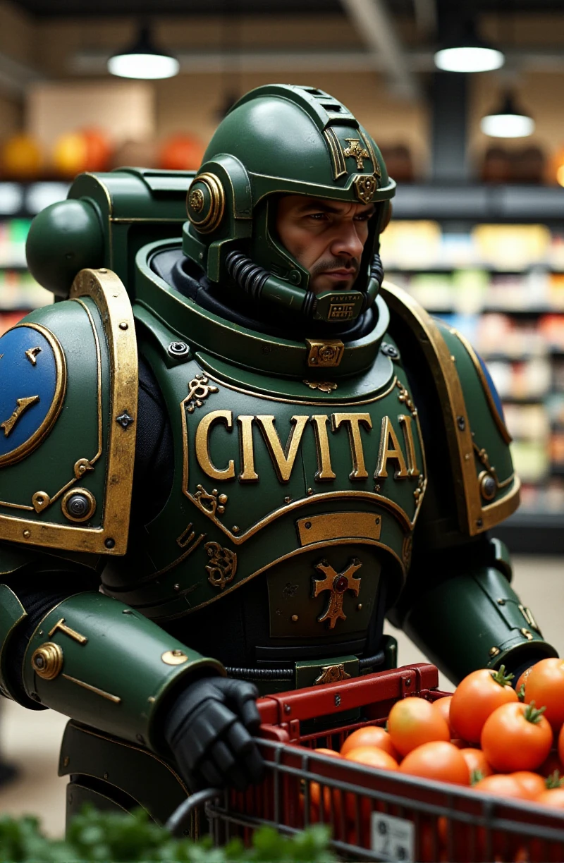 a space marine. he wears an armor and has the text "CIVITAI" carved in his armor. he is shopping in a grocery store <lora:Space_Marine:0.9>