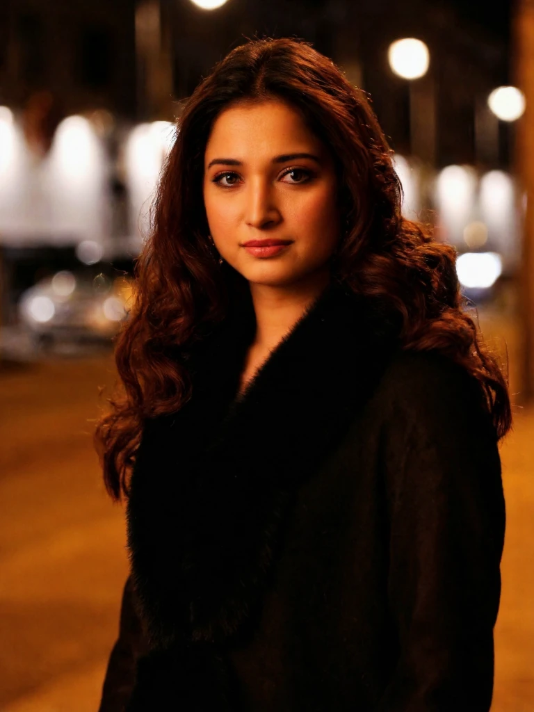 headshot photo of tamannah bhatia woman, glamor photo, serious,studio quality, Black Kashmiri Pashmina Suit, night time city bokeh<lora:TestBed\Tamannah_Bhatia_Flux_Kohya_V1.safetensors:1.0:1.0>