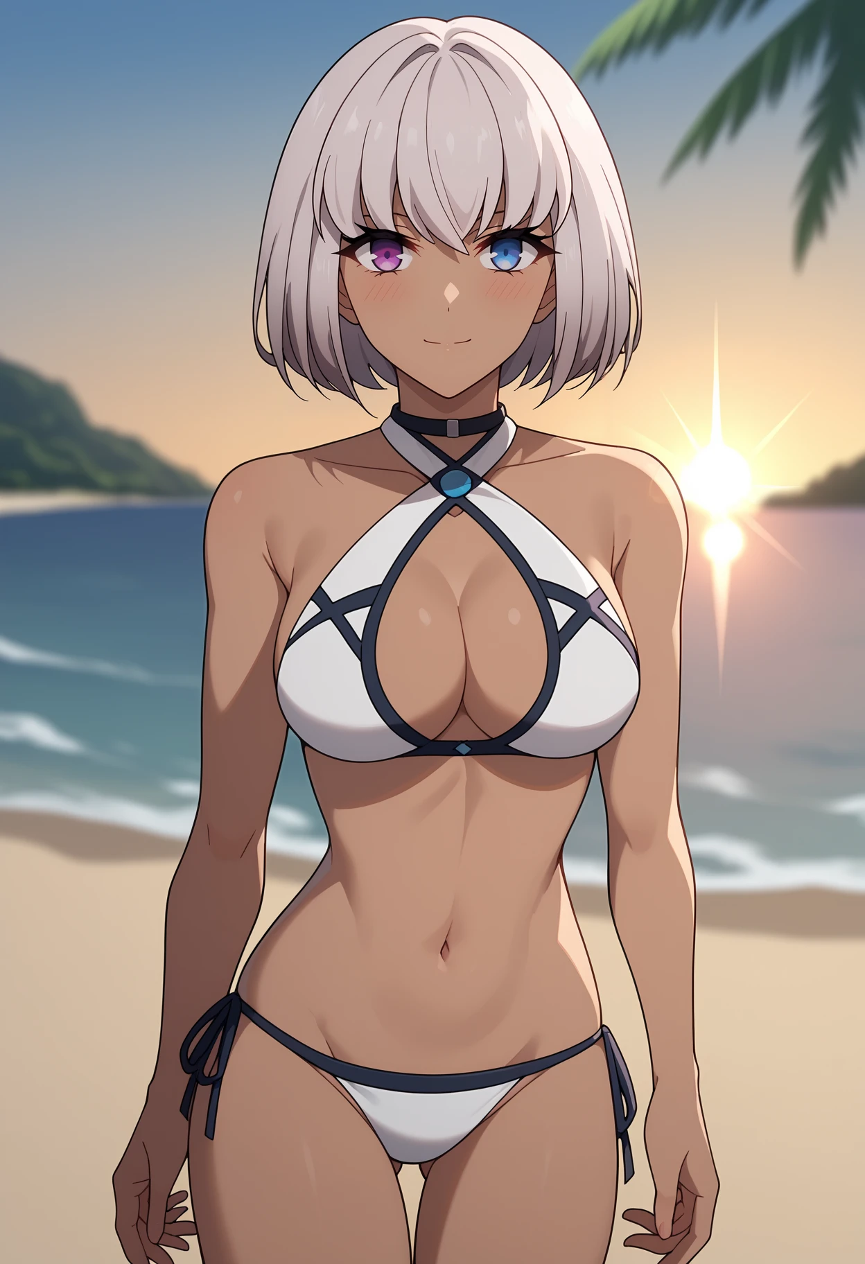 score_9, score_8_up,
<lora:SaikyouNoShienshokuWajutsushi_AlmaJudikhaliXL:0.9>, AlmaJudikhali,
1girl, solo, closed mouth, light smile, blush,
dark skin, short hair, bob cut, grey hair, heterochromia, blue eyes, purple eyes,
white bikini, criss-cross halter, medium breasts, cleavage, side-tie bikini bottom,
standing, looking at viewer, thigh gap, cowboy shot,
sunset, blurry background, lens flare, beach, horizon, palm tree