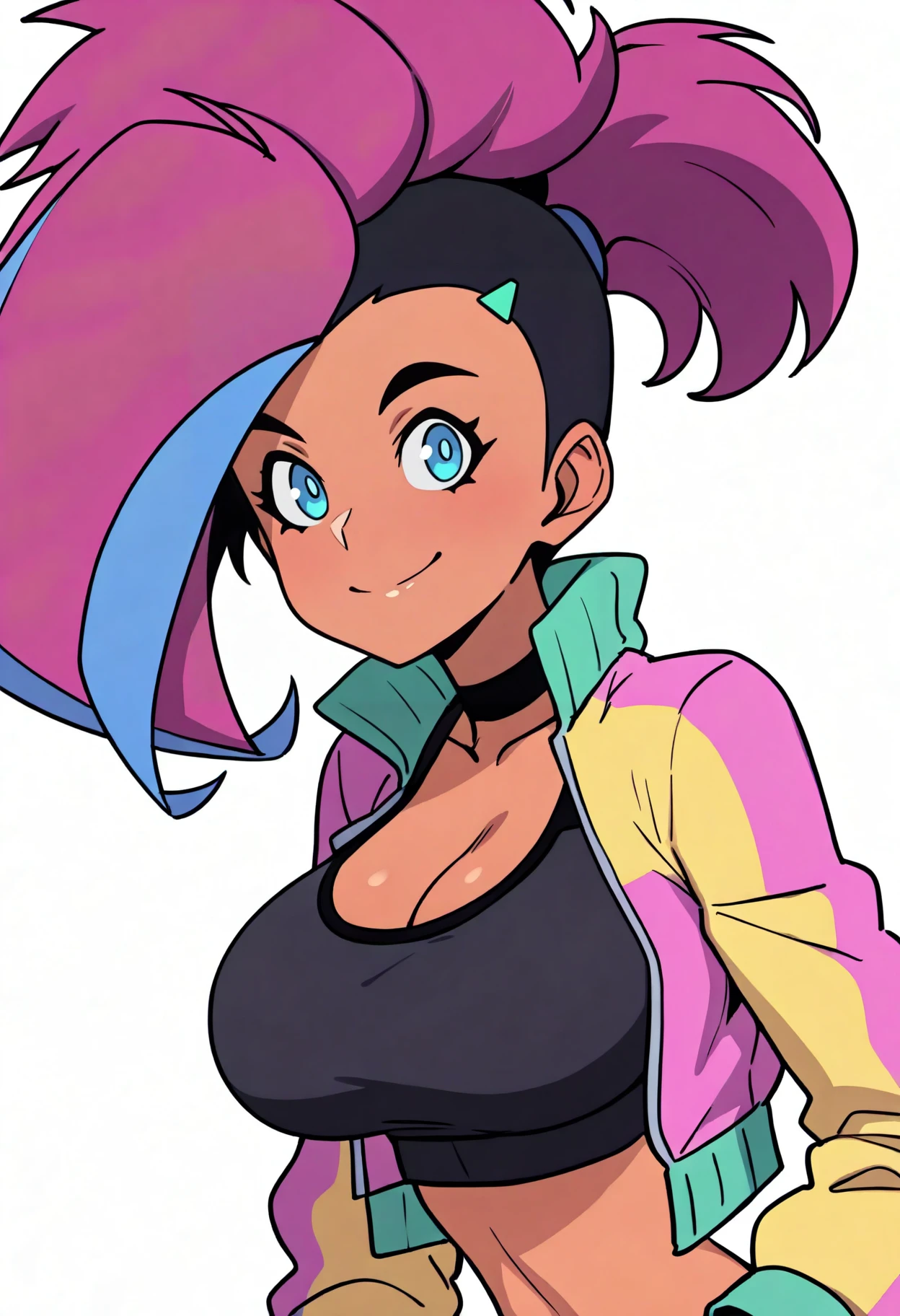 best quality, amazing quality, very aesthetic, absurdres,
1girl, moika, big hair, pink hair, two-tone hair, multicolored hair, undercut, black hair, ponytail, blue eyes, hairclip, dark skin,
black choker, pink and yellow cropped jacket, long sleeves, cleavage, black sports bra,
smile, upper body, looking at viewer, solo, simple background, white background      <lora:MoikaLoopIllustriousXL_byKonan:1>