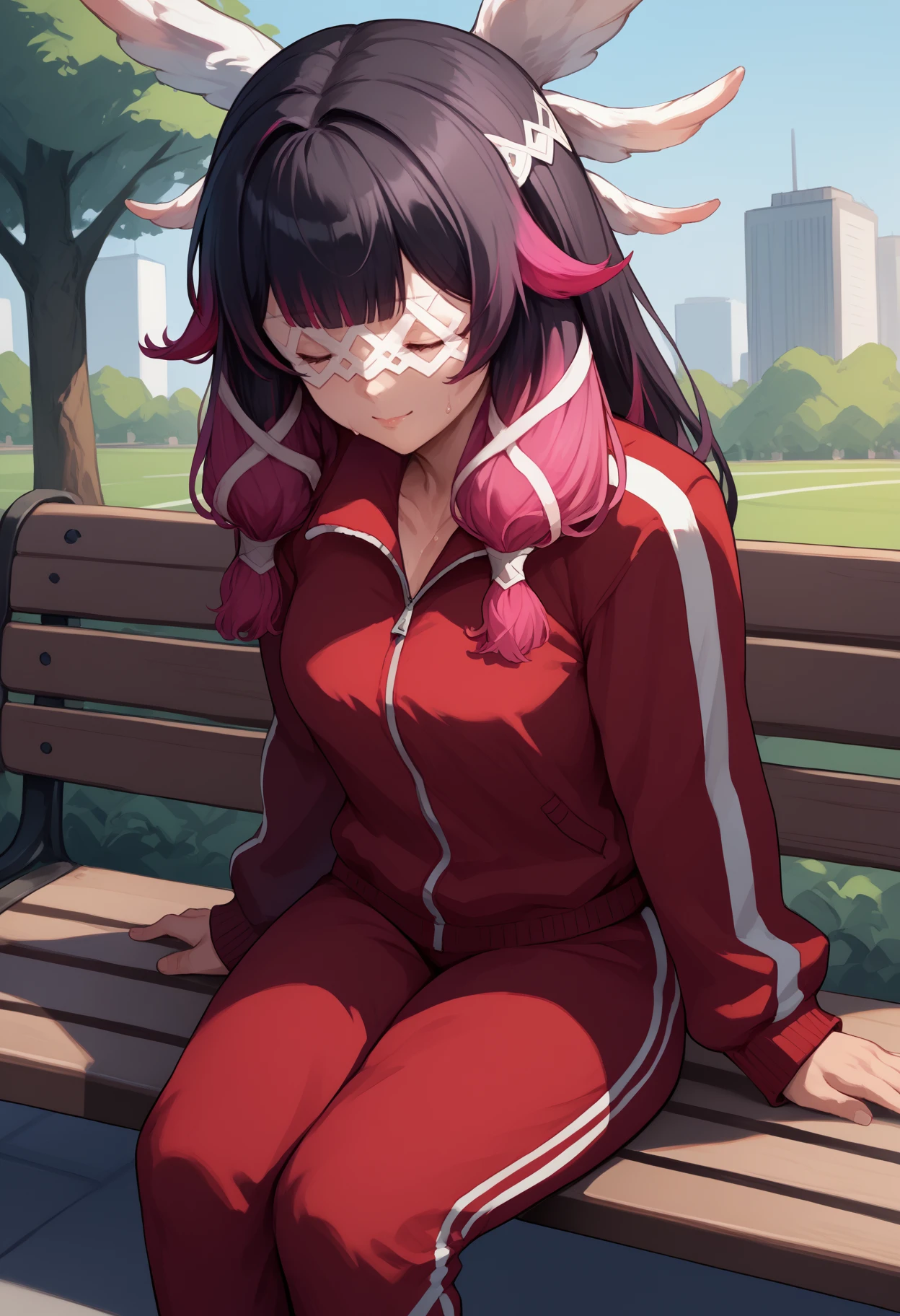 score_9, score_8_up, score_7_up, <break> solo, 1girl, c0lumbina, sweat, light smile, sitting, park bench, long hair, streaked hair, black hair, pink hair, blunt bangs, hair ribbon, white ribbon, head wings, closed eyes, white mask, eye mask, track suit, red jacket, track jacket, red pants, outdoors
<segment:yolo-face_yolov8m.pt,0.4,0.5//cid=1>