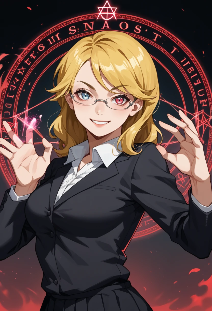 score_9, score_8_up, score_7_up, source_anime BREAK, 1girl, looking at viewer, confidant, assertive female, evil smile,
<lora:zs_LouisaImagineXL:1> louisaimagine, blonde hair, medium hair, red eyes, blue eyes, heterochromia, glasses, black suit, white shirt, black skirt
summoning, magic effects, magic circle, looking at viewer, smile, summoning monster, dynamic pose