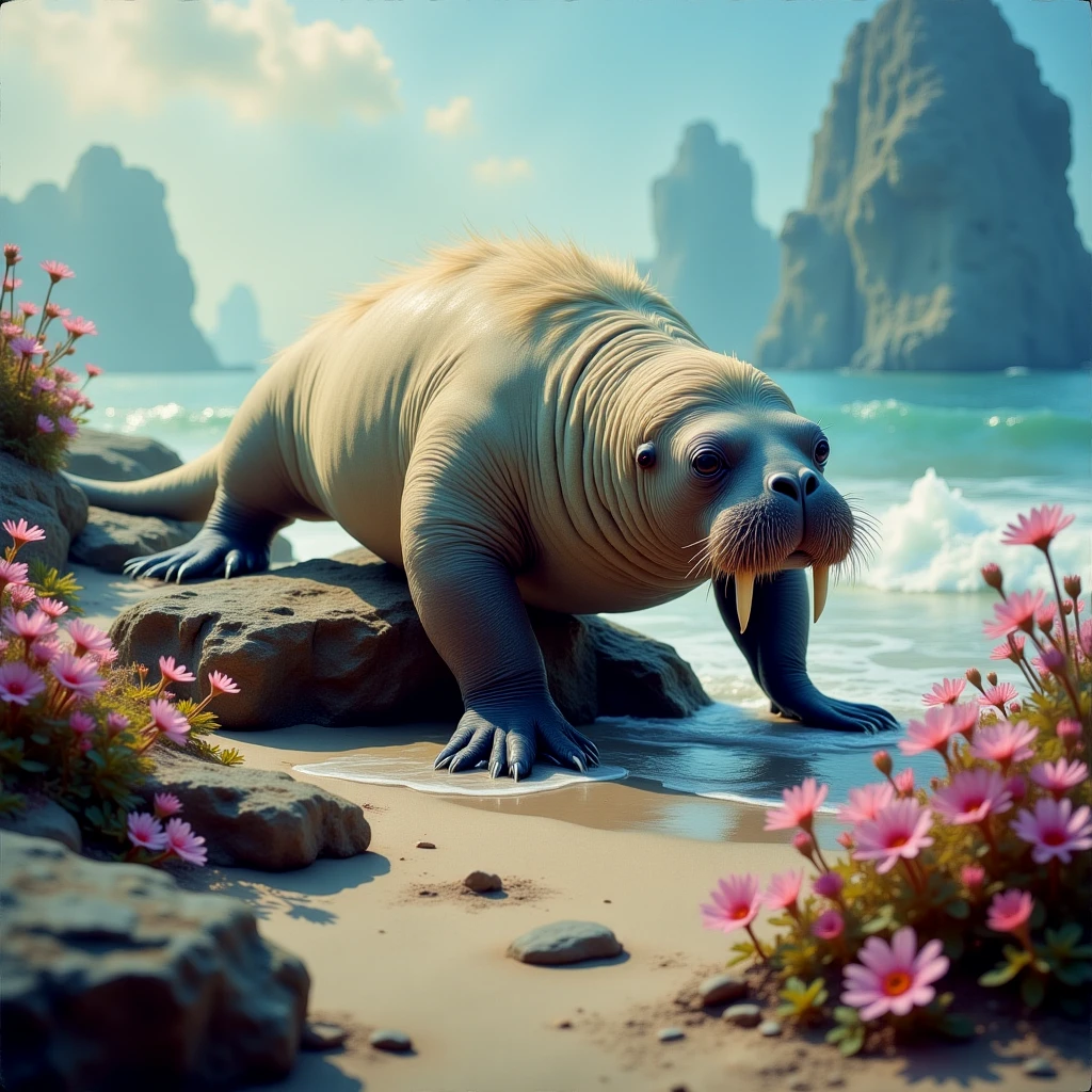 A pastel walrus creature, emerging from the ocean on four legs, crawling over rocks out of the water and onto the sandy beach. Surrounded by strange flowering flora.

Fantasy dreamlike art.

FntsyPstlCE style