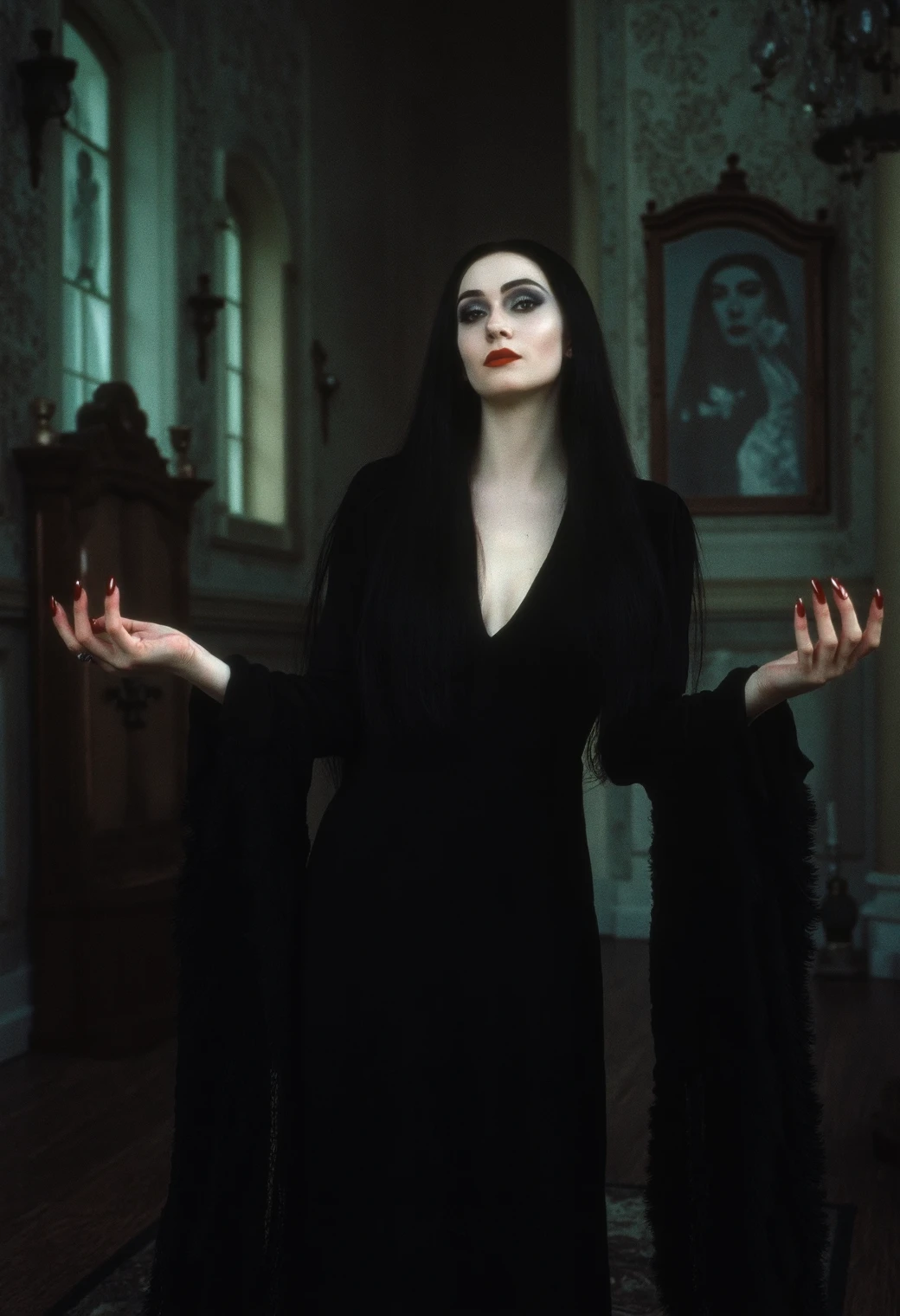 photo of mrtc4ddms, she is throwing a halloween party, pale skin, long black dress, haunted mansion ambience, amazing composition, high resolution photo, HDR, 35mm 