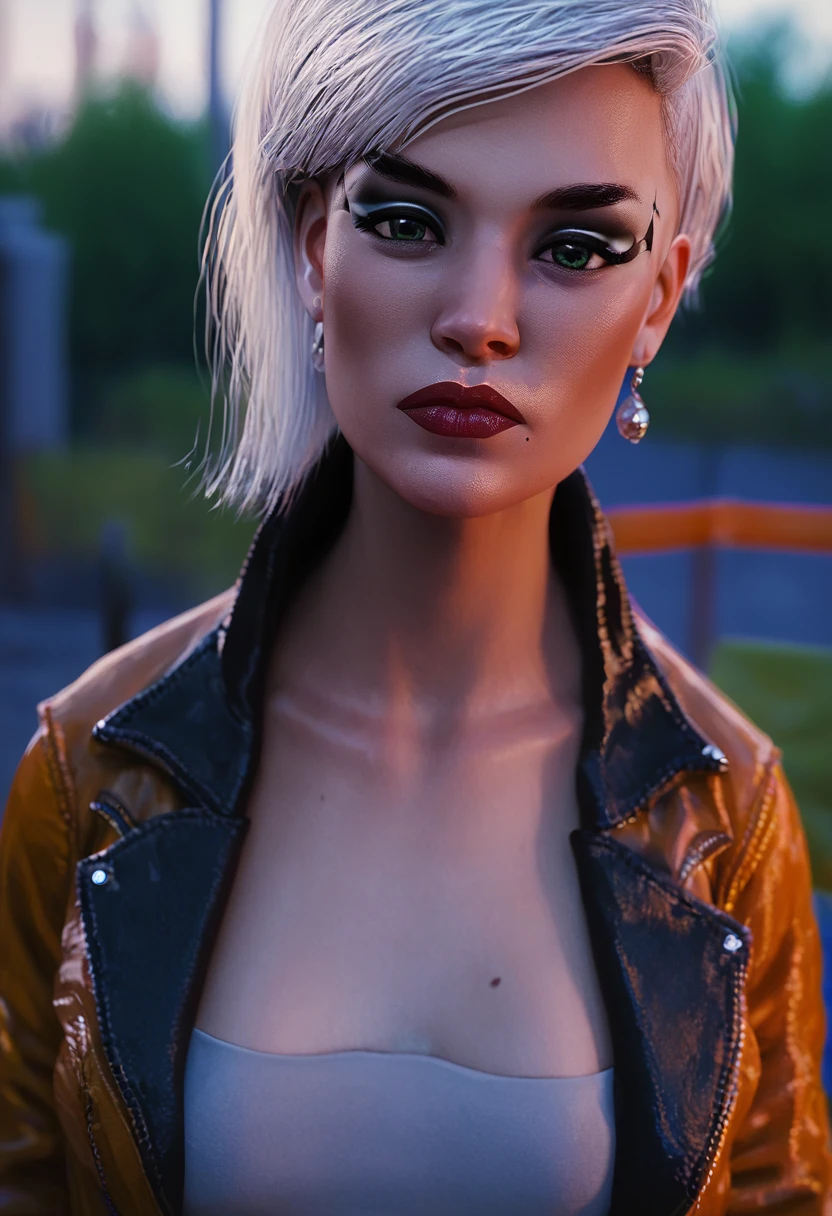 <lora:QuinnPXL:1> quinnpxl, 1girl, solo, breasts, looking at viewer, jewelry, jacket, upper body, earrings, mole, blurry, lips, eyelashes, makeup, blurry background, lipstick, mole under mouth, eyeshadow, freckles, realistic, nose, score_9, score_8_up, score_7_up, score_6_up, score_5_up, score_4_up,