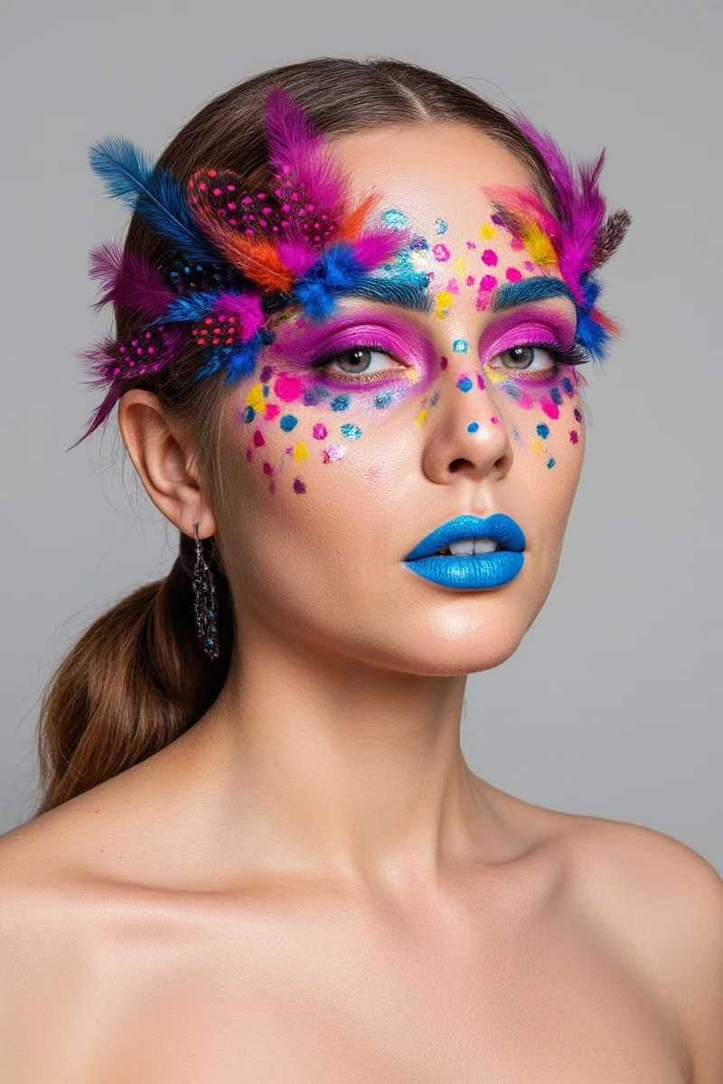 photo of a woman with a soft, even face, wearing vibrant makeup with a multicolored pattern on her face. She has bright blue and pink lipstick, matching eye makeup, and a colorful feather mask. Her skin is smooth, and she has a confident expression. black earrings and hairstyle as ponytail.  <lora:makeup_art_FLUX_v1-000029:1>