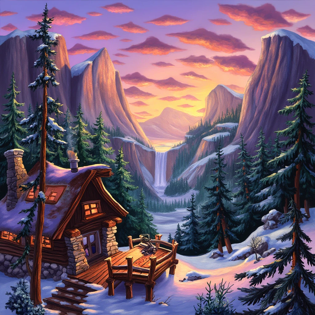 The image is a vibrant, whimsical digital illustration depicting a cozy mountain retreat. The foreground features a wooden cabin nestled among towering, snow-capped mountains, its log walls blending seamlessly with the natural surroundings. The cabin's stone chimney emits a thin trail of smoke, suggesting a warm fire inside. A wooden deck extends from the cabin, offering a panoramic view of the valley below, where a dense forest of pine trees stretches toward the horizon. The forest is detailed with individual needles and branches, adding texture and depth to the scene. In the background, a frozen waterfall cascades down a rocky cliff, its icy surface glistening in the soft, golden light of the setting sun. The waterfall's reflective surface mirrors the vibrant colors of the sunset, creating a stunning visual effect. The sky above is a gradient of warm oranges and purples, filled with fluffy, pink clouds, suggesting a peaceful, winter evening. The overall scene is rich in color and texture, blending elements of nature with a touch of cozy warmth and whimsy.