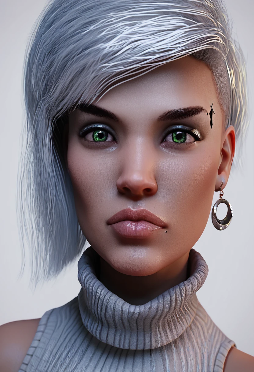 <lora:QuinnPXL:1> quinnpxl, 3d, 1girl, solo, looking at viewer, simple background, jewelry, earrings, sleeveless, mole, sweater, lips, turtleneck, crescent, portrait, mole under mouth, realistic, score_9, score_8_up, score_7_up, score_6_up, score_5_up, score_4_up,