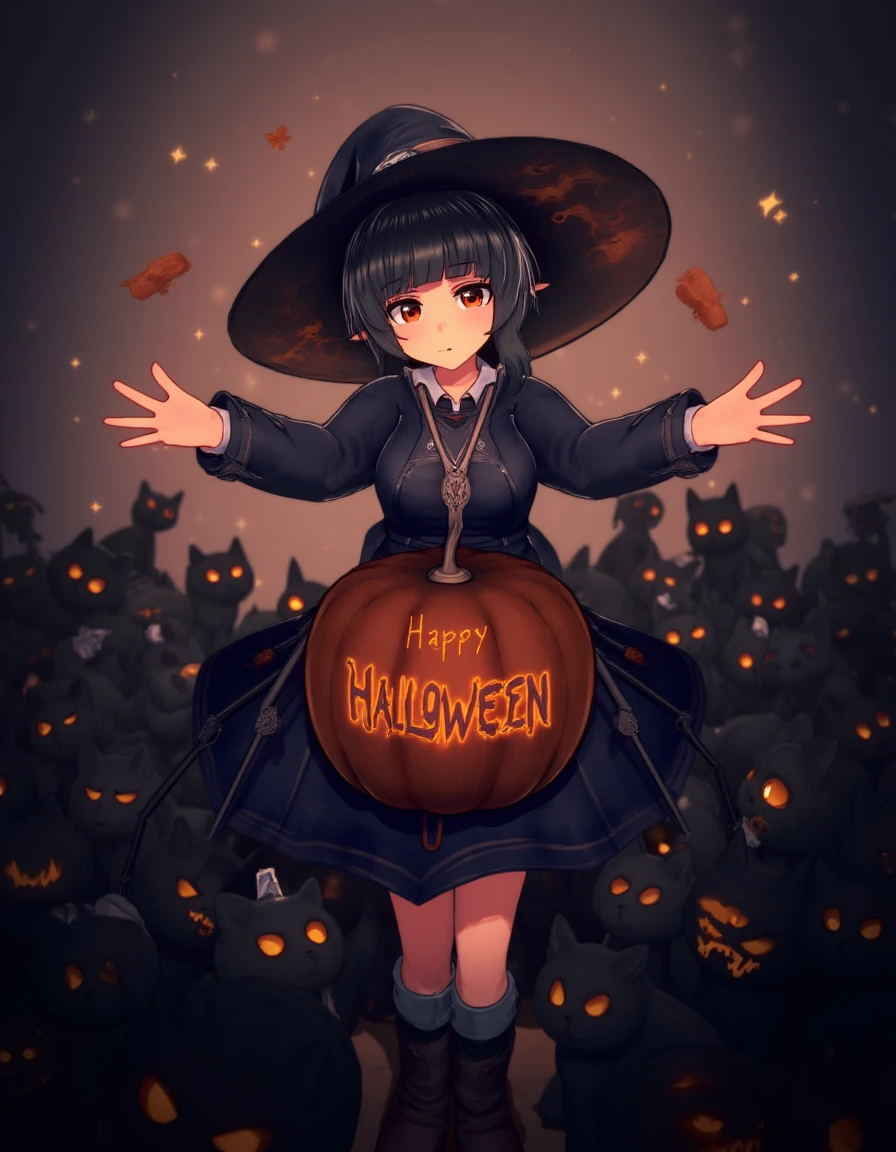 SuchKoiKatsu, a witch with many black cats, magic wand, particle magic message form into the word "Happy Halloween" at the center