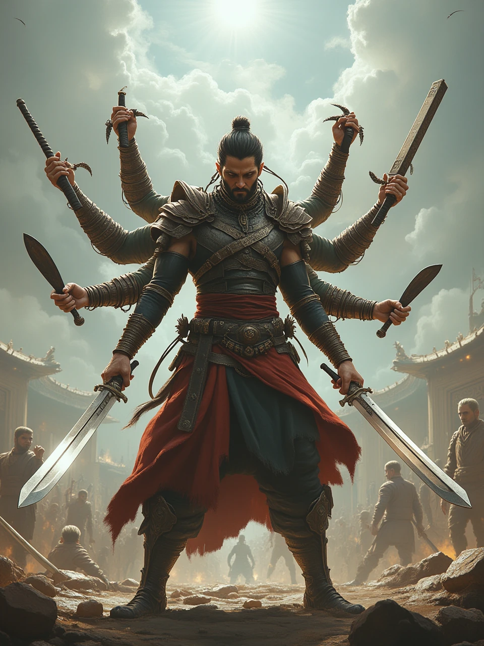 papiyan,fantasy cinematic of a handsome male has multiple arms,holding multiple weapons like sword,knife and stick,fighting_stance on battlefield, 