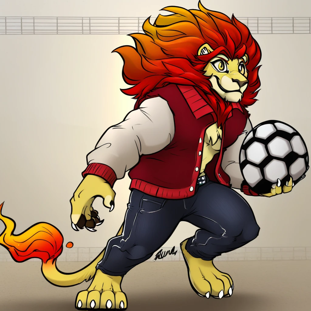 zetterburnLovers, lion, furry, mane, yellow fur, red mane, red hair, flame-tipped tail, solo, letterman jacket, jeans, holding football, smile, looking forwards, throwing