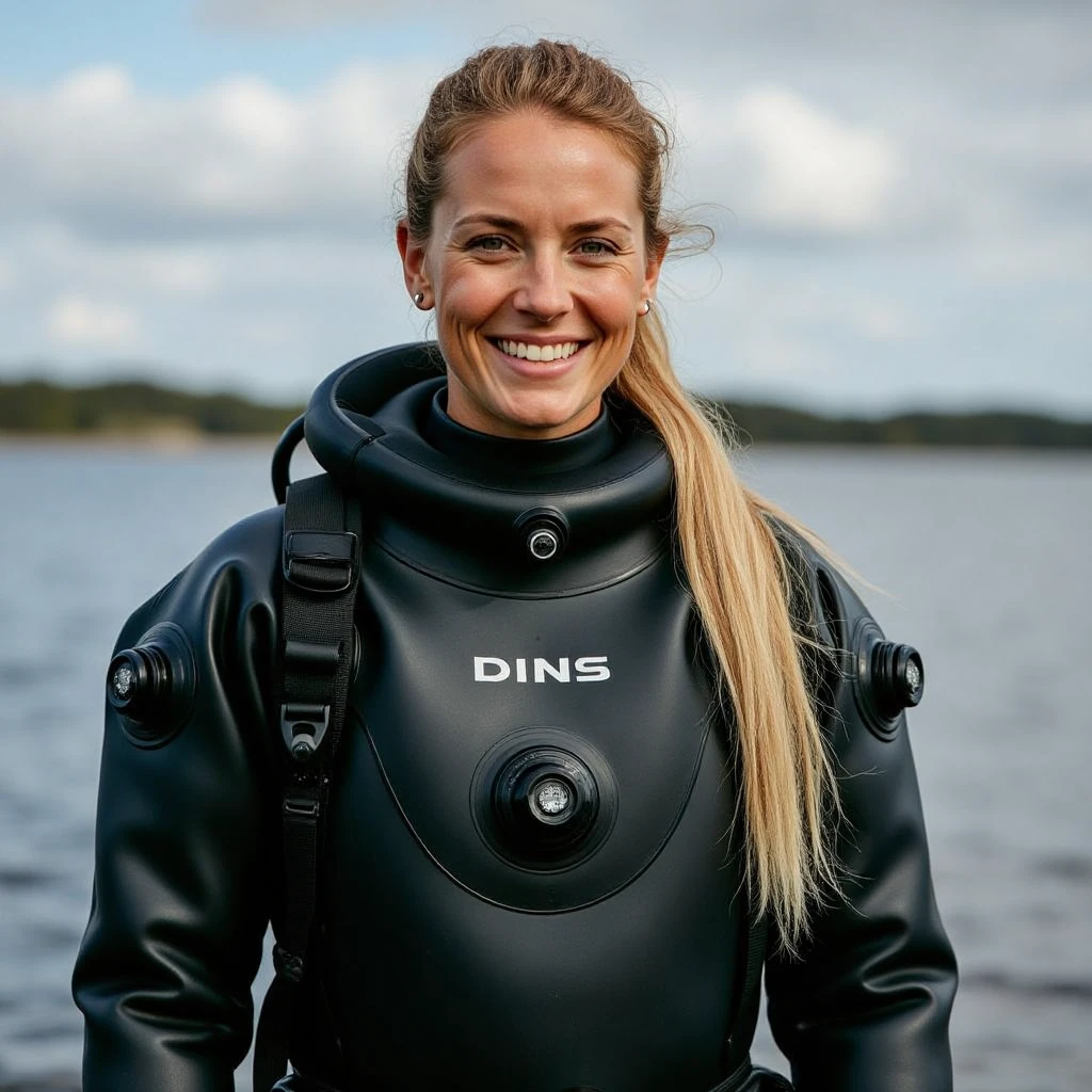 a photograph of a beautiful blonde woman wearing a black drysuit with scuba tank on her back

