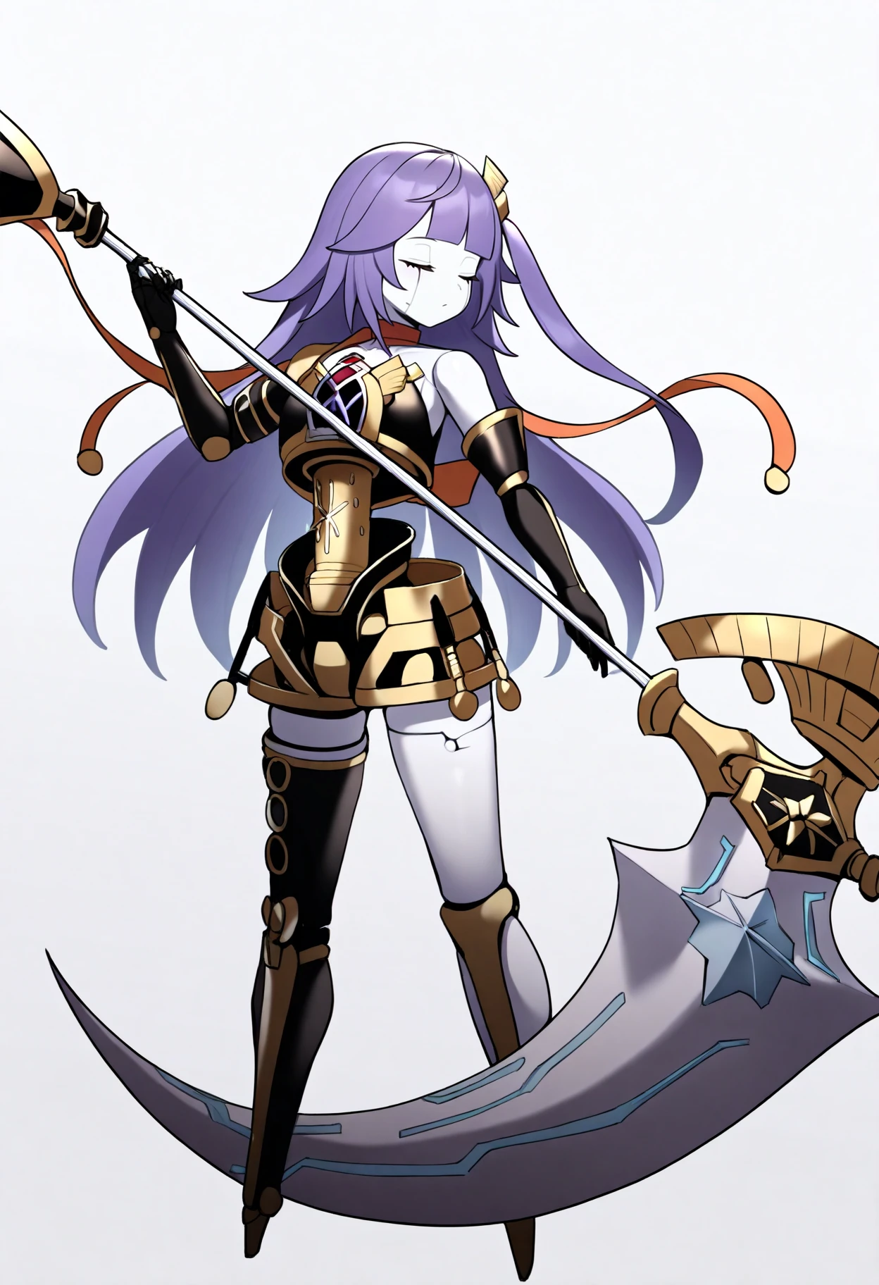 best quality, amazing quality, very aesthetic, absurdres,
1girl, orcustgalatea, purple hair, long hair, android, closed eyes,
doll joints, duel monster, elbow gloves, joints, robot, robot joints,
holding scythe, weapon,
full body, standing, solo, simple background, white background    <lora:OrcustGalateaIllustriousXL_byKonan:1>