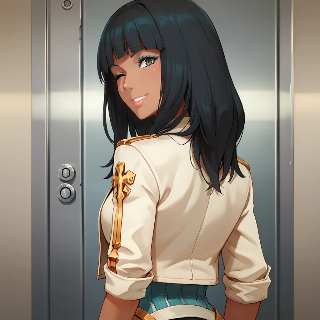 score_9, score_8_up, score_7_up, 1girl, solo, uncensored, nonaryalice, smile, wink, looking at viewer, looking back, from behind, upper body, dark-skinned female, black hair,  white jacket, indoors, elevator, laboratory, modern, metal wall <lora:NonaryAliceXL_v1.0:1>