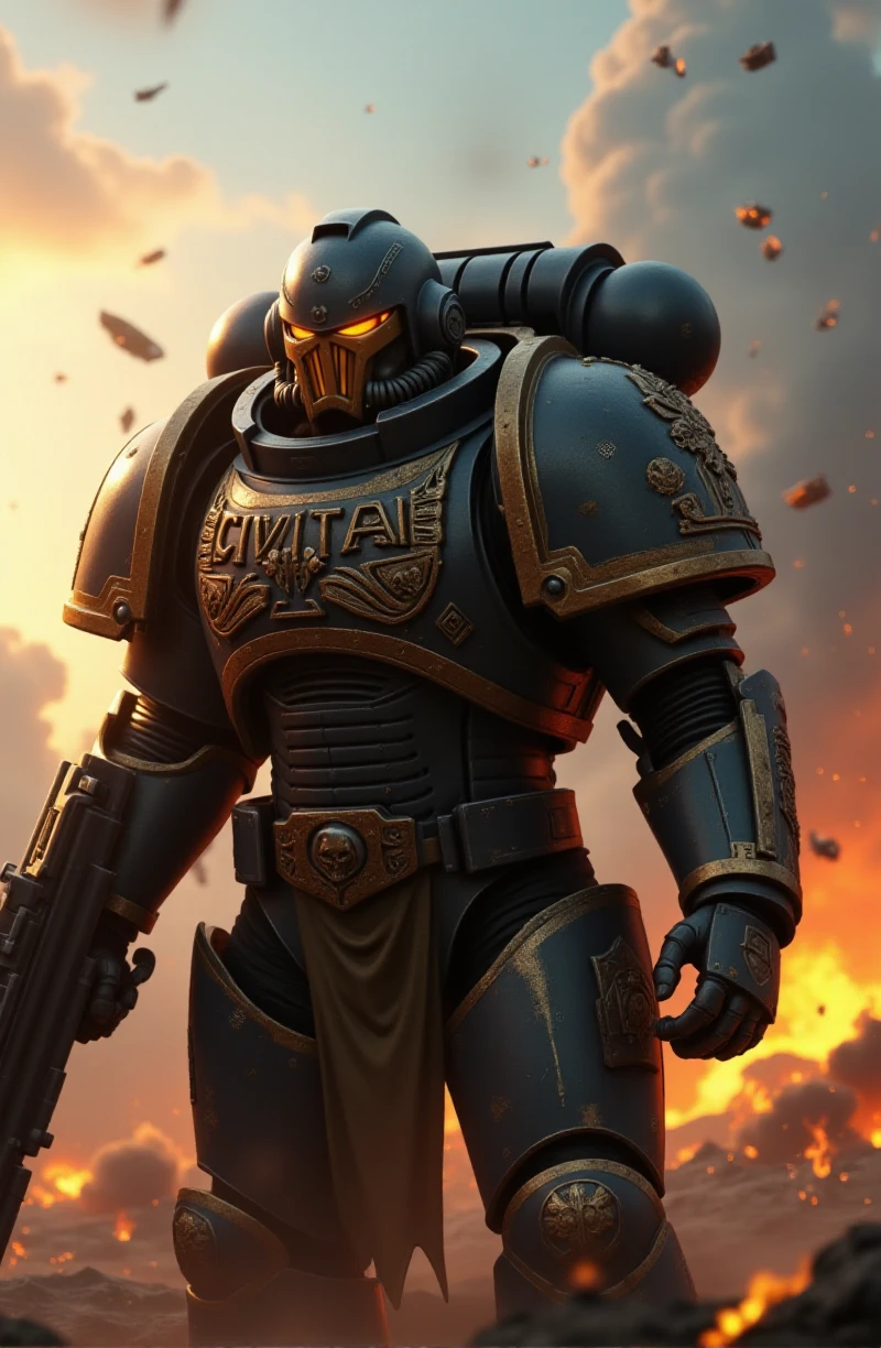 a space marine. he wears an armor with helmet and has the text "CIVITAI" carved in his armor. he is in a battlefield. Explosions, fires and smoke <lora:Space_Marine:0.9>