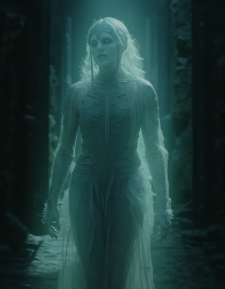 A spectral woman drifts through a dimly lit room, her translucent form glowing softly in the surrounding darkness. She wears a flowing, ethereal gown that seems to flutter weightlessly, the fabric shifting as if caught in a gentle breeze. Her face, pale and serene, is framed by long, flowing hair that floats gently around her, adding to her otherworldly appearance. Hollow, mournful eyes gaze forward, filled with an ancient sadness, as she glides silently through the space. The dim light casts faint shadows, and her presence brings an eerie, calm stillness to the room, as if time itself has stopped <lora:lotrghost_v1:1>