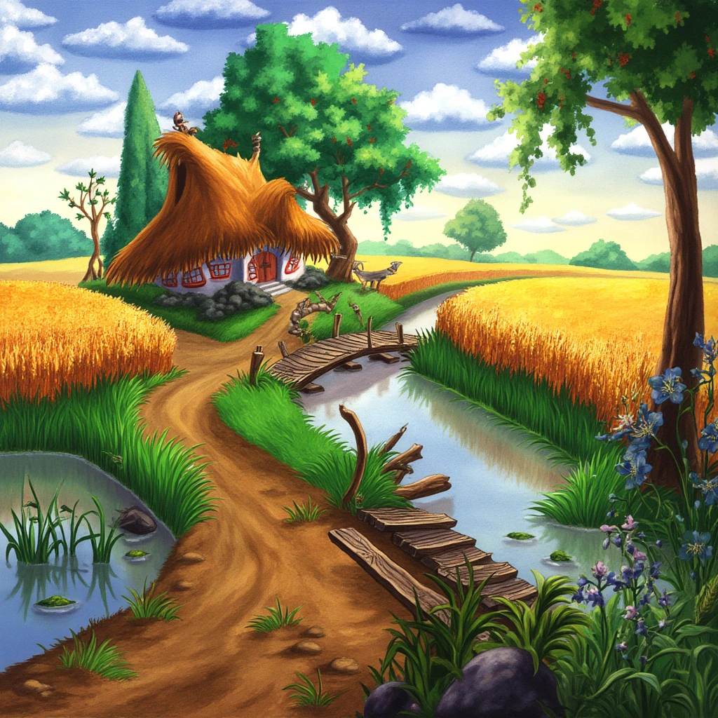 The PIVIG image style. The image is a vibrant, whimsical digital illustration depicting a serene, idyllic countryside scene. The foreground features a winding, dirt path made of golden-brown earth that leads towards a rustic wooden bridge with planks laid haphazardly across a calm, reflective body of water. The bridge spans a small river that mirrors the sky and surrounding landscape. The water's surface is dotted with a few small ripples and has a soft, shimmering quality.

To the right, lush green reeds and tall golden wheat fields stretch towards the horizon, creating a natural border. The wheat field is detailed with individual blades of wheat, adding texture and depth. 

In the background, a picturesque, thatched-roof cottage with a whimsical, curved design stands on a small hill, partially obscured by green trees. The cottage's roof is a vibrant, reddish-brown color, contrasting with the green foliage. The trees are dense and varied, with some having a slightly surreal, cartoonish appearance, adding to the whimsical atmosphere.

The sky above is a gradient of soft blue and white, filled with fluffy, white clouds, suggesting a peaceful, sunny day. The overall scene is rich in color and texture, blending elements of nature with a touch of fantasy and whimsy.