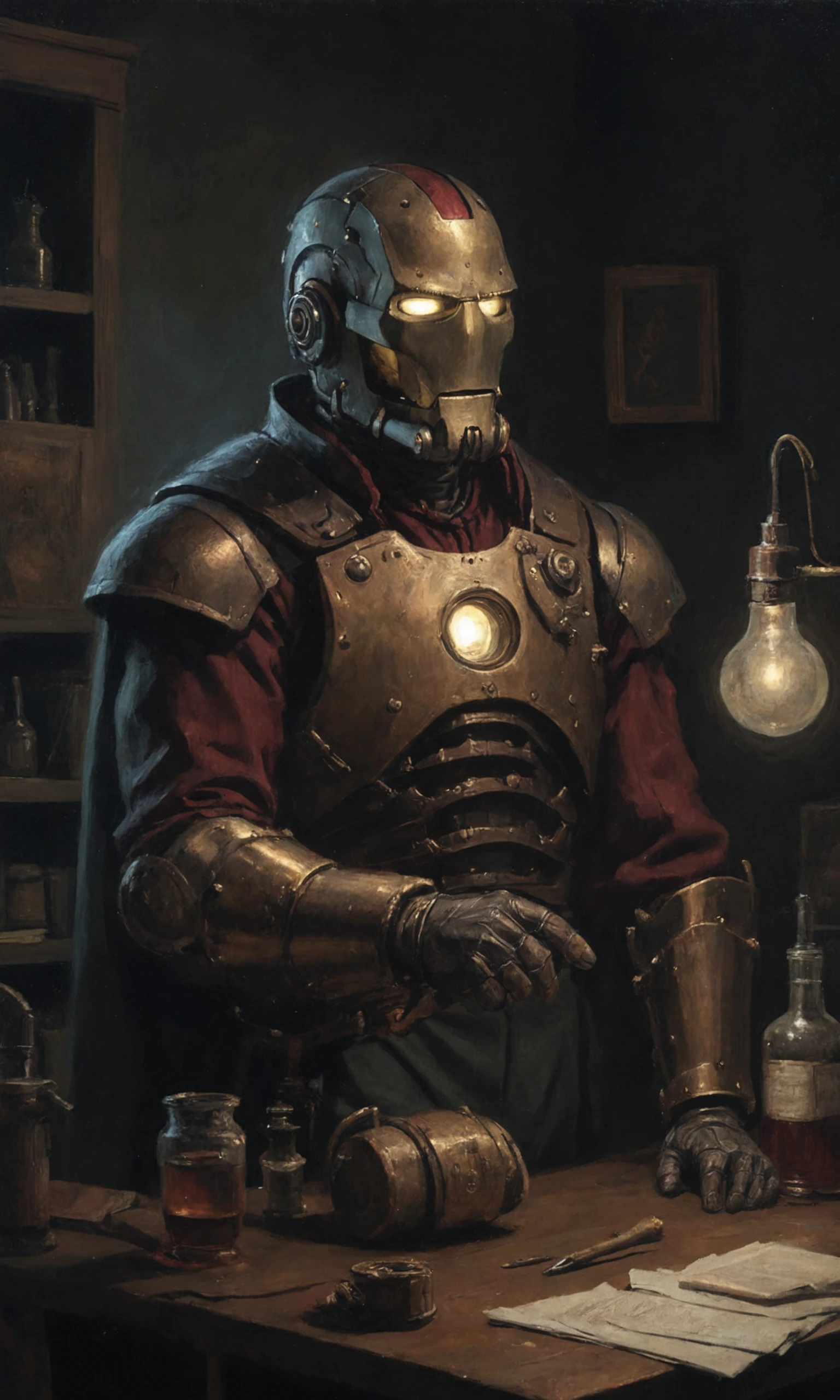 a 16th century painting of a steampunk ironman, in his lab fixing his armor at night, black walls, ironman mask on the table, moody, mad scientist, as written by Mary Shelley, sfumato, chiaroscuro