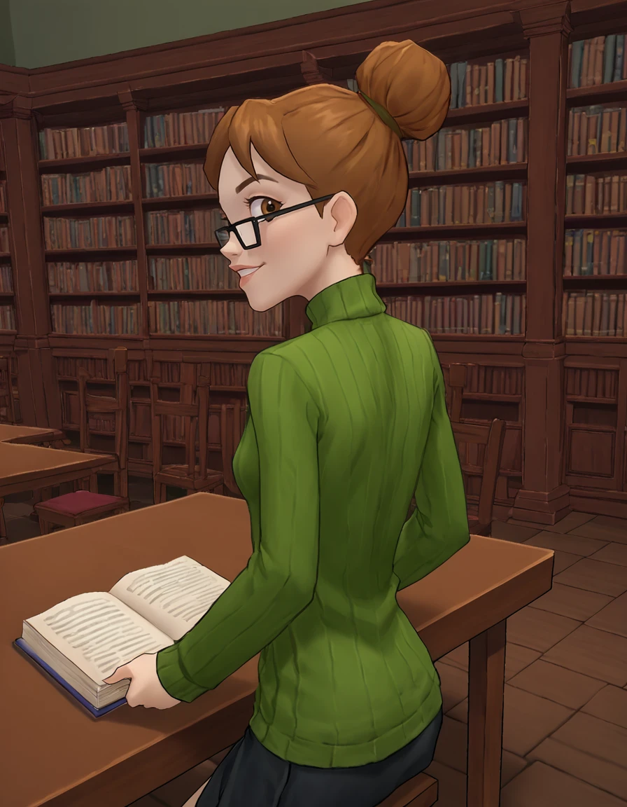 <lora:IonePony1.00:0.8> ione, 1girl, solo, brown hair, brown eyes, hair bun, glasses,small breasts,  green sweater, black skirt,standing,arms from behind,  score_9, score_8_up, score_7_up, score_6_up, score_5_up, score_4_up, looking at viewer, cowboy shot,book,library, smile, holding, sitting,  <lora:Jabstyle_AMXLV1:1> jabstyle