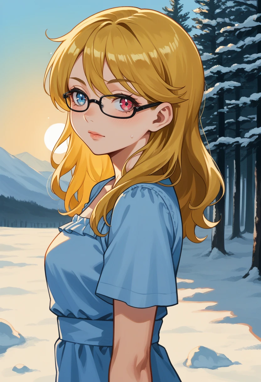 score_9, score_8_up, score_7_up, source_anime BREAK, 1girl, looking at viewer, confidant, assertive female, arctic, snow, from side, cowboy shot
<lora:zs_LouisaImagineXL:1> louisaimagine, blonde hair, medium hair, red eyes, blue eyes, heterochromia, glasses, light blue sun dress