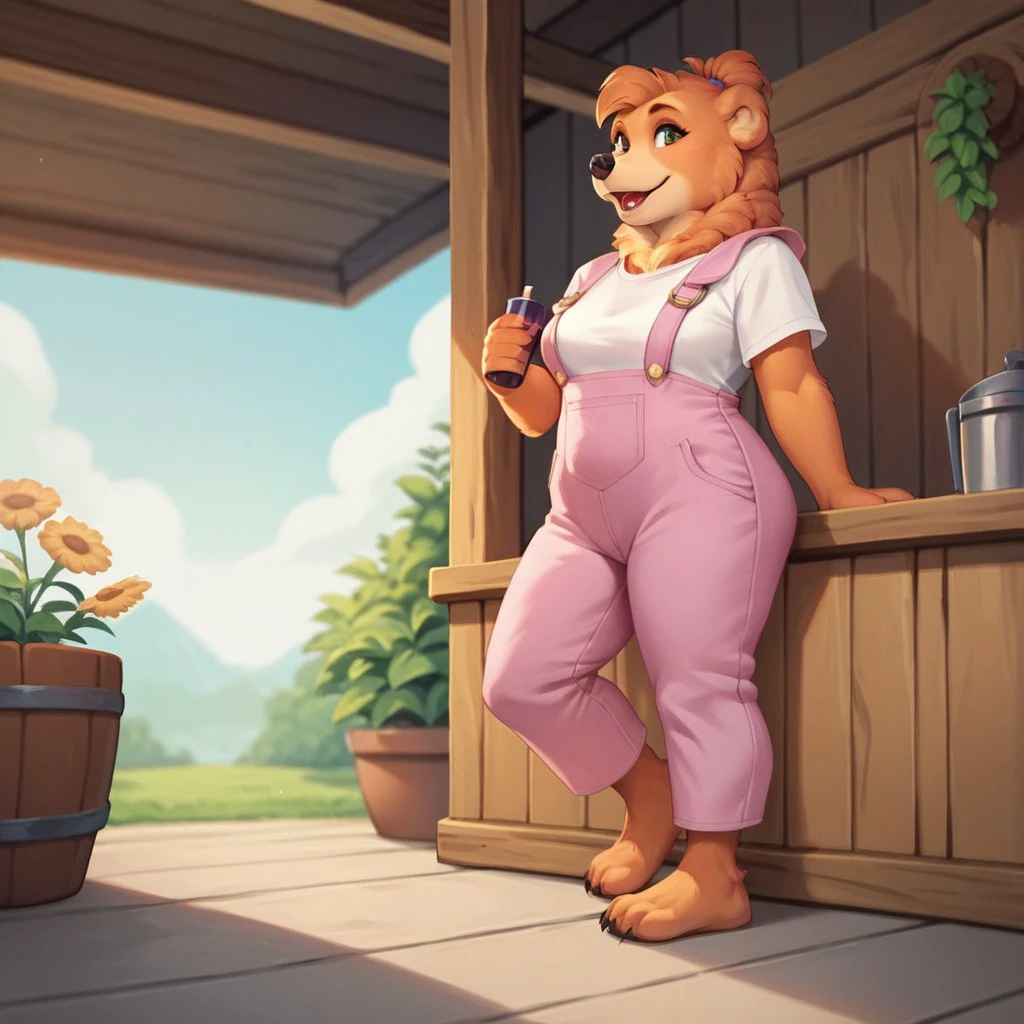 score_9, score_8_up, score_7_up, score_6_up, score_5_up, score_4_up, source_cartoon, sisterbear, anthro, female, bear, brown fur, 1girl, solo, pink overalls, <lora:fcbf2c47-d99d-4d6d-8c5a-b1a285bc484b:0.7>