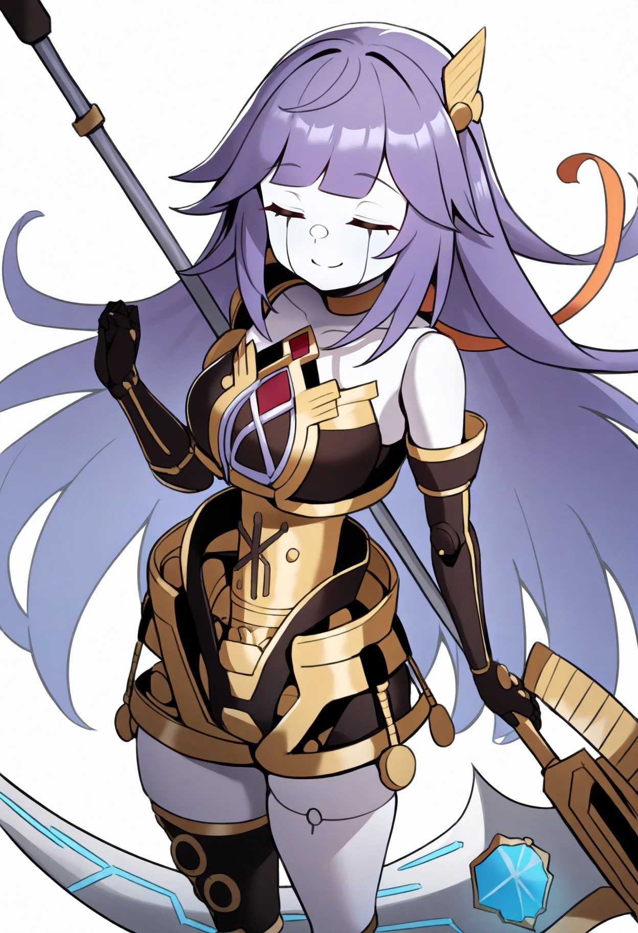 best quality, amazing quality, very aesthetic, absurdres,
girl, orcustgalatea, purple hair, long hair, android, closed eyes, 
doll joints, duel monster, elbow gloves, holding scythe, joints, robot, robot joints, scythe, 
smile, thighhighs, solo, simple background, white background     <lora:OrcustGalateaIllustriousXL_byKonan:1>