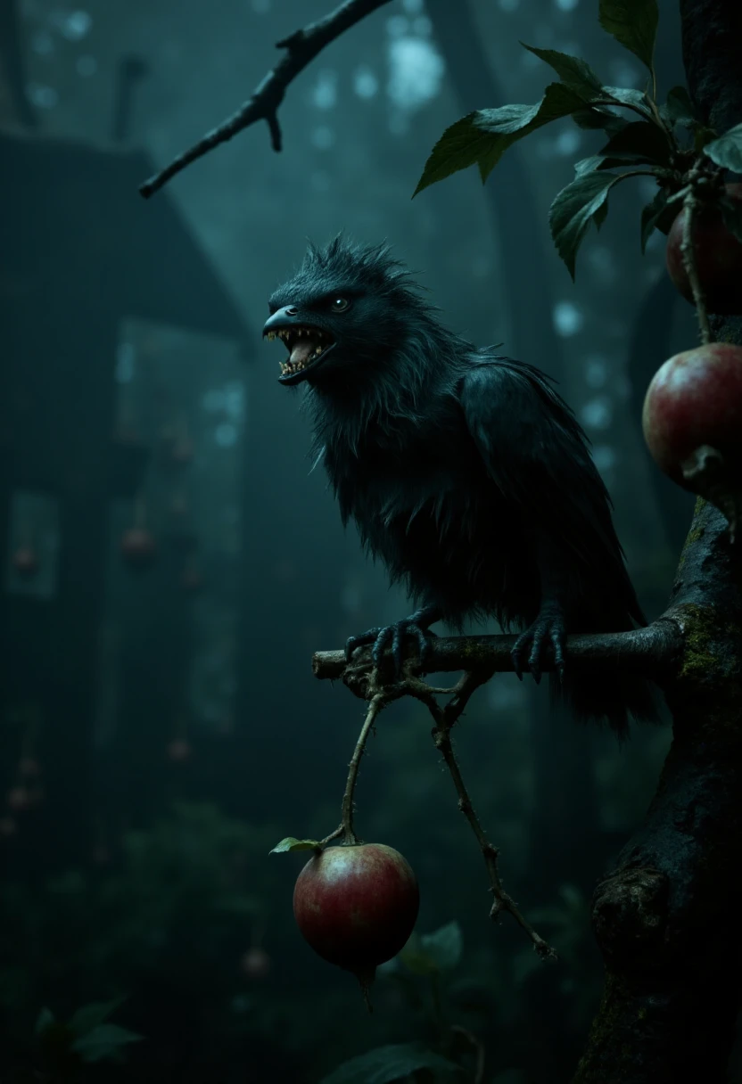 <lora:KFT_Horror_Style_FLUX:0.9>
horror theme, dark, 
 a bird pecking fruit out of a bush