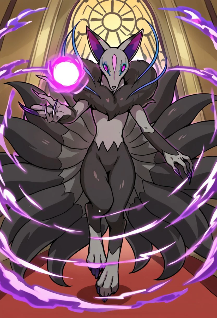 BREAK score_9_up score_8_up score_7_up, source_furry, (frontal), Darkyuubi_Yo-kai, violet eyes, silver fur, dark gray fur, blue strands, dark purple claws, violet eyes, nine tails, multiple tails, full body, aura, sanctuary, interior,