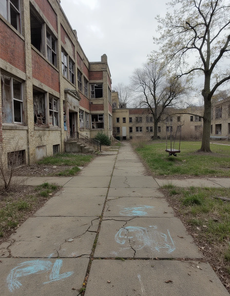 A decaying school building at the end of a quiet street, its windows dark and shattered. Old, faded chalk drawings can still be seen on the cracked sidewalk outside, where children once played. The swing set in the distance sways gently in the wind, but no one is there to push it.  <lora:urban-decay-streets_v10_rank64_bf16-step02240:1>, abndnd_plcs_strts