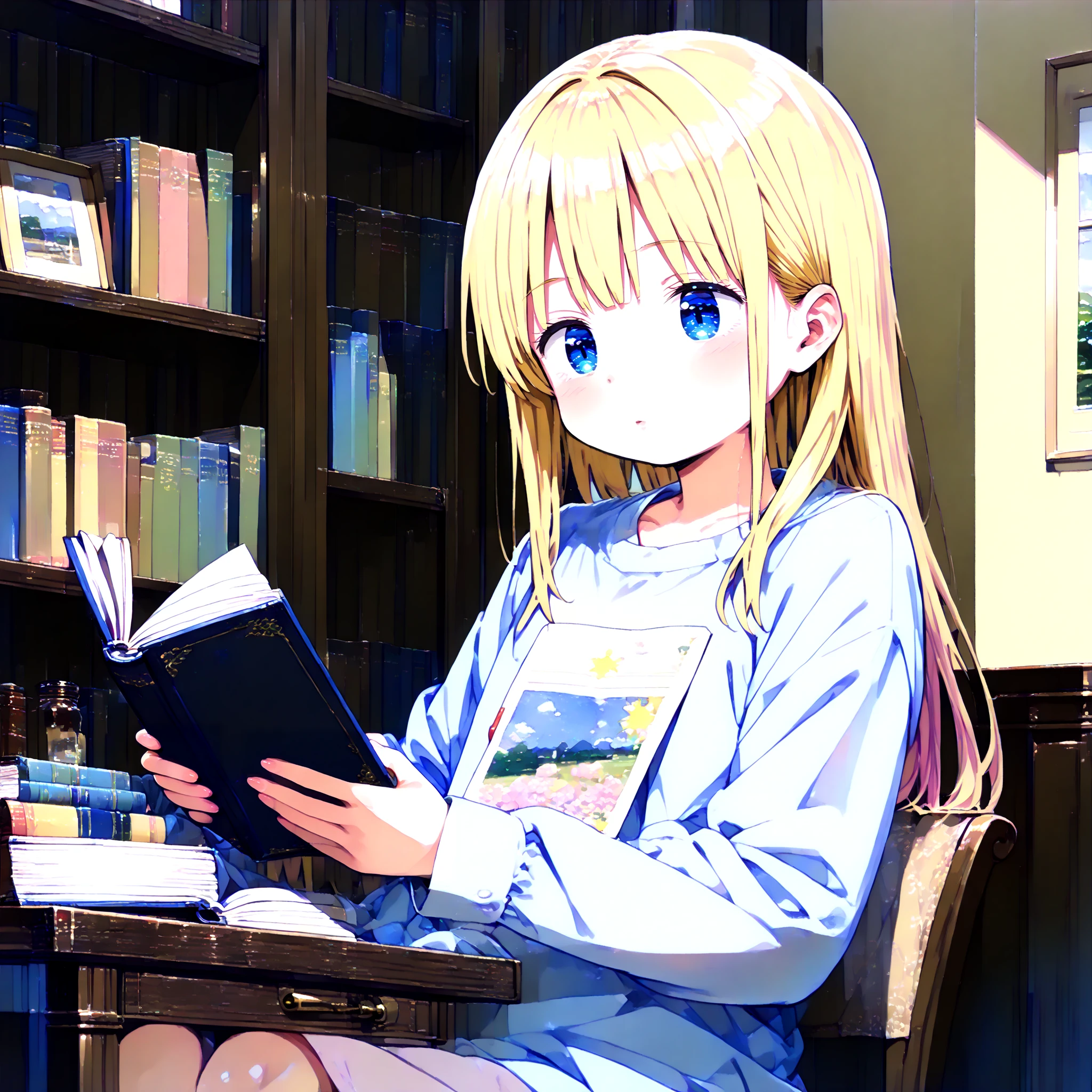 <lora:Gouache_SDXL_v2:0.7>, 1girl, long sleeves, blond hair, blue eyes, reading book, indoors, pastel colors, Gouache, (thick_outlines:-0.9)