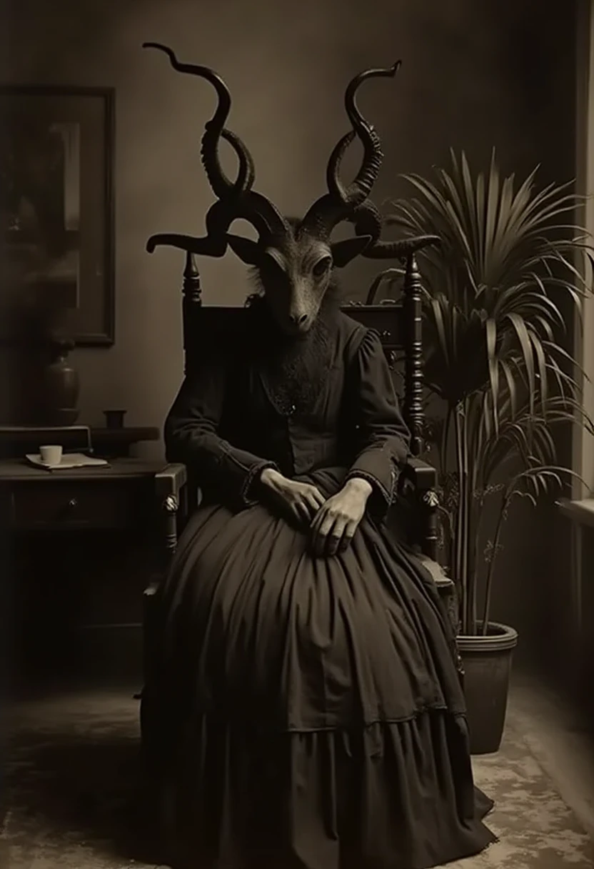 vicgoth, <lora:victoriangothic_v50_rank64_bf16-step01500:1>, A figure with a goat head and large twisted horns, sitting on a throne-like chair, dressed in an old-fashioned gown. The setting is dimly lit with old-fashioned decor, including a large plant beside the chair, creating a sinister and occult atmosphere.