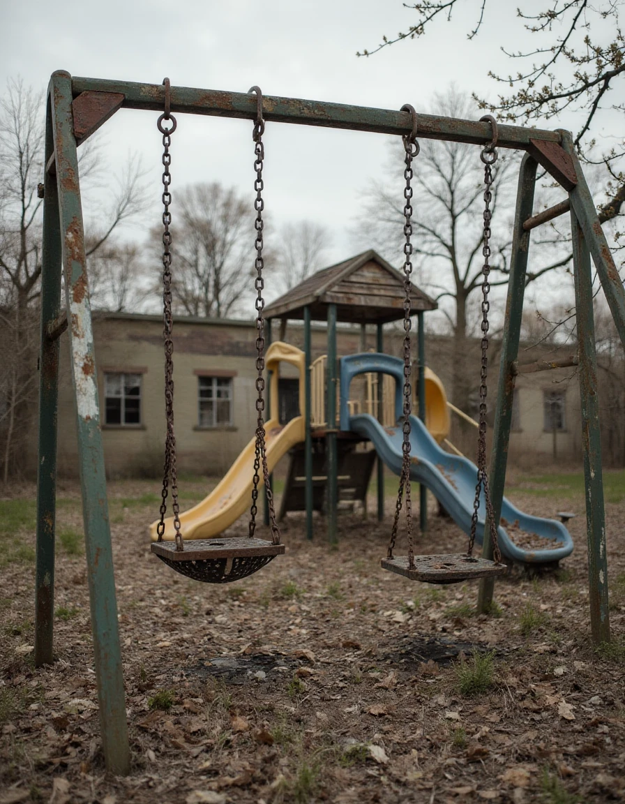 An empty playground at the edge of an abandoned school. The swings hang motionless in the wind, their chains rusted and creaking. The slide is covered in peeling paint, and the once-vibrant play structures are now decayed. The sound of distant wind adds to the eerie, mournful silence.  <lora:urban-decay-streets_v10_rank64_bf16-step02240:1>, abndnd_plcs_strts