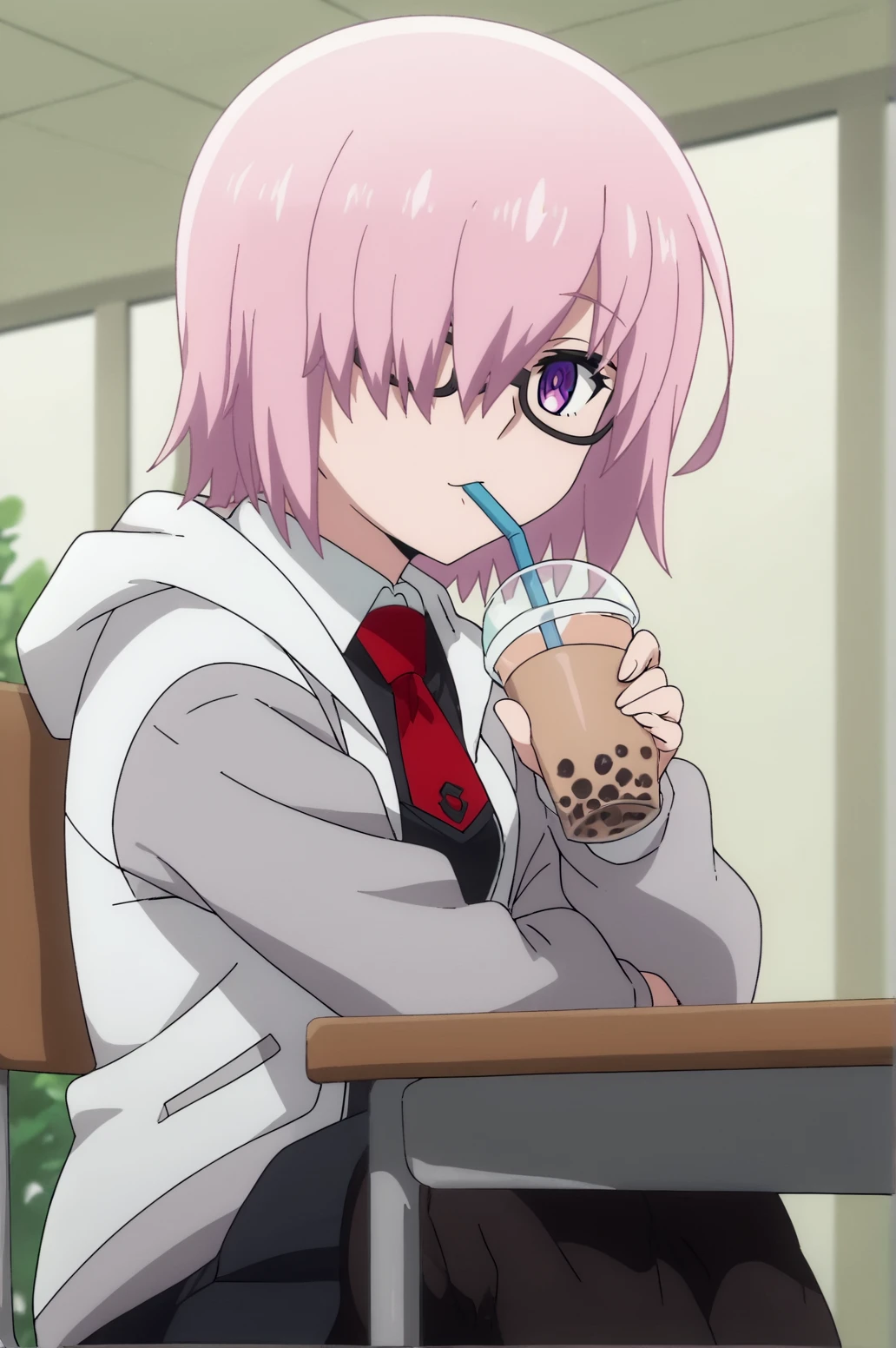 score_9, score_8_up, score_7_up,anime_source, source_anime, best background, detailed background, anime screencap,  Mash Kyrielight, School Outfit, solo, indoors, sitting, table, wood chair,  dynamic angle, naughty face, dynamic camera, dynamic pose, drinking, bubble tea, cowboy shot,  <lora:JN_Mash_Kyrielight:0.8>