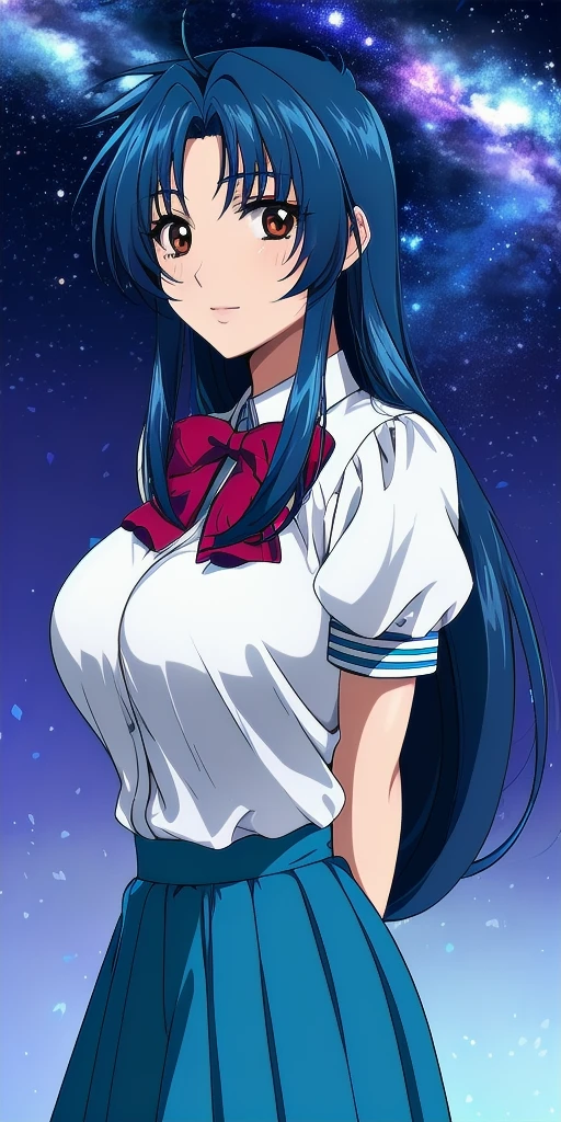 <lora:ChidoriV3:0.7> kaname_chidori_low-tied_long_hair, huge_breasts, standing, solo, arms_behind_back, starry_sky, red_hair_bow, white_shirt_short_sleeves_aqua_plaid_skirt_red_bowtie, masterpiece, best_quality, detailed_face, detailed_eyes, highres, beautiful, detailed, absurdres,